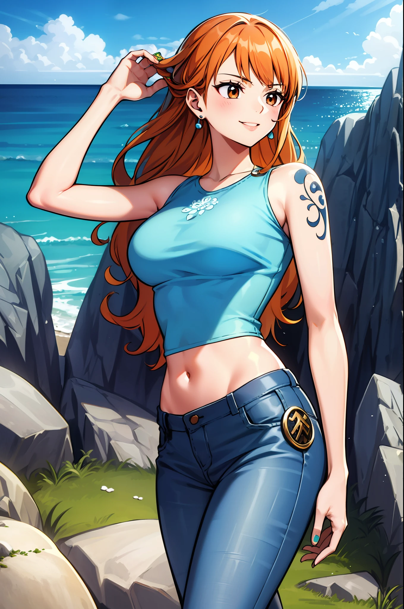 masterpiece,,((ultra detailed background, delicate pattern, intricate detail)), (highly detailed, fine details), best quality, beautiful lighting, ((medium breasts, slim girl)), NamiFinal, ((crop top ,denim jeans)), simple shirt, 1girl, orange hair, solo, long hair, jewelry, brown eyes, smile, earrings, ((blue tattoo, left shoulder tattoo)), (complex detailed background, barren land, rocks, ocean, oustide, nature environment), (cowboy shot),