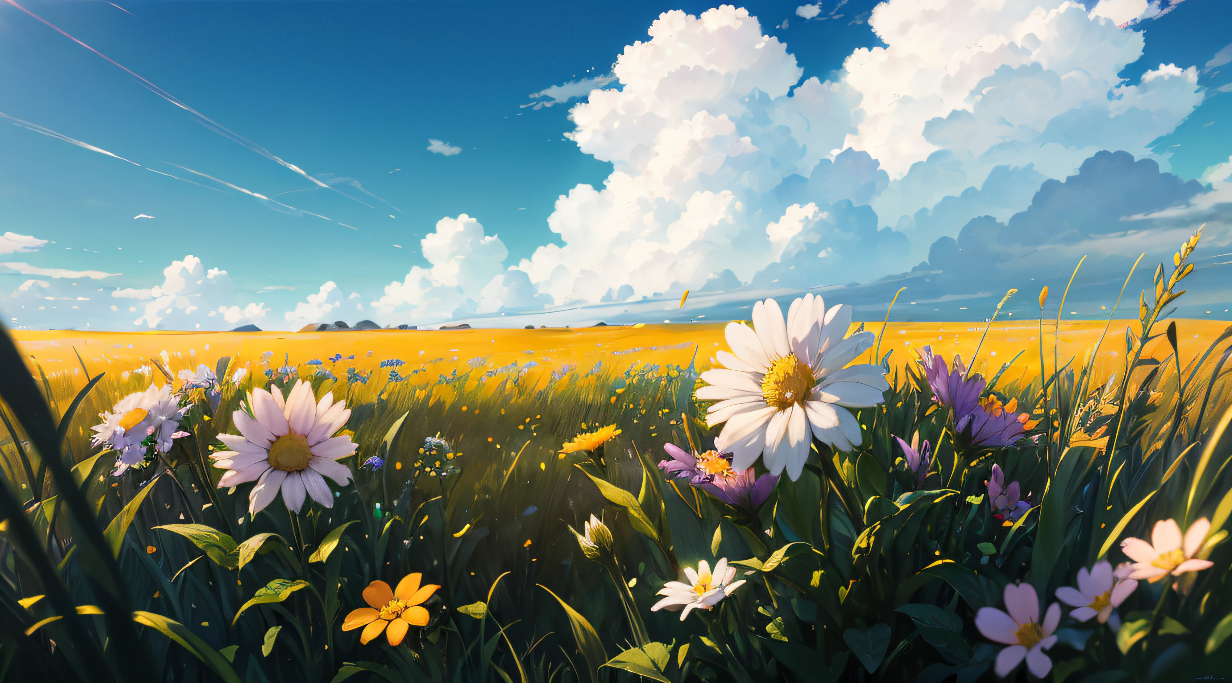 (Summer prairie),(few small flowers),(large clouds),(deep field focus bokeh),(surrealism),(hyper-detail),(soft light),(ray tracing),(cinematic), (blue sky:1.3),(hot weather:1.1),(8k detail)