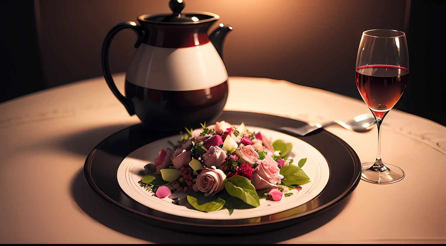 A plate of rose salad on the table, with fork and knife, glass of wine, jug with roses on the table, colorful, yang08k, photography, beautiful, black background, masterpieces, top quality, best quality, official art, beautiful and aesthetic, realistic,