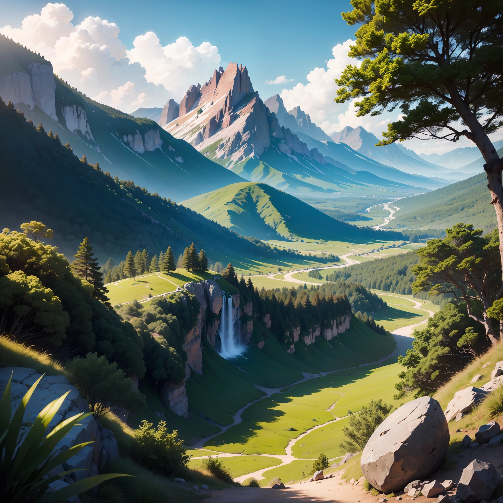 alta qualidade, cores diferentes, sky with wavy clouds, floresta densa, montanhas pelo fundo, (espeda enfiada em uma pedra), espadas, (espada colocada em uma pedra), animais ao redor, forest scenario --auto