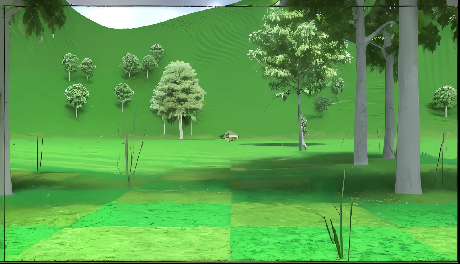a closeup of an image of a field with trees and grass, Paisagem 3D, Paisagem 3D, Cena 3D, Cena 3D, cena 3d complexa, Pintura de paisagem virtual 3D, ambiente altamente detalhado, ambiente detalhado e complexo, Ambiente ultradetalhado, ambiente hiperdetalhado, ambiente detalhado complexo, ambiente digital detalhado, in game capture 3d render