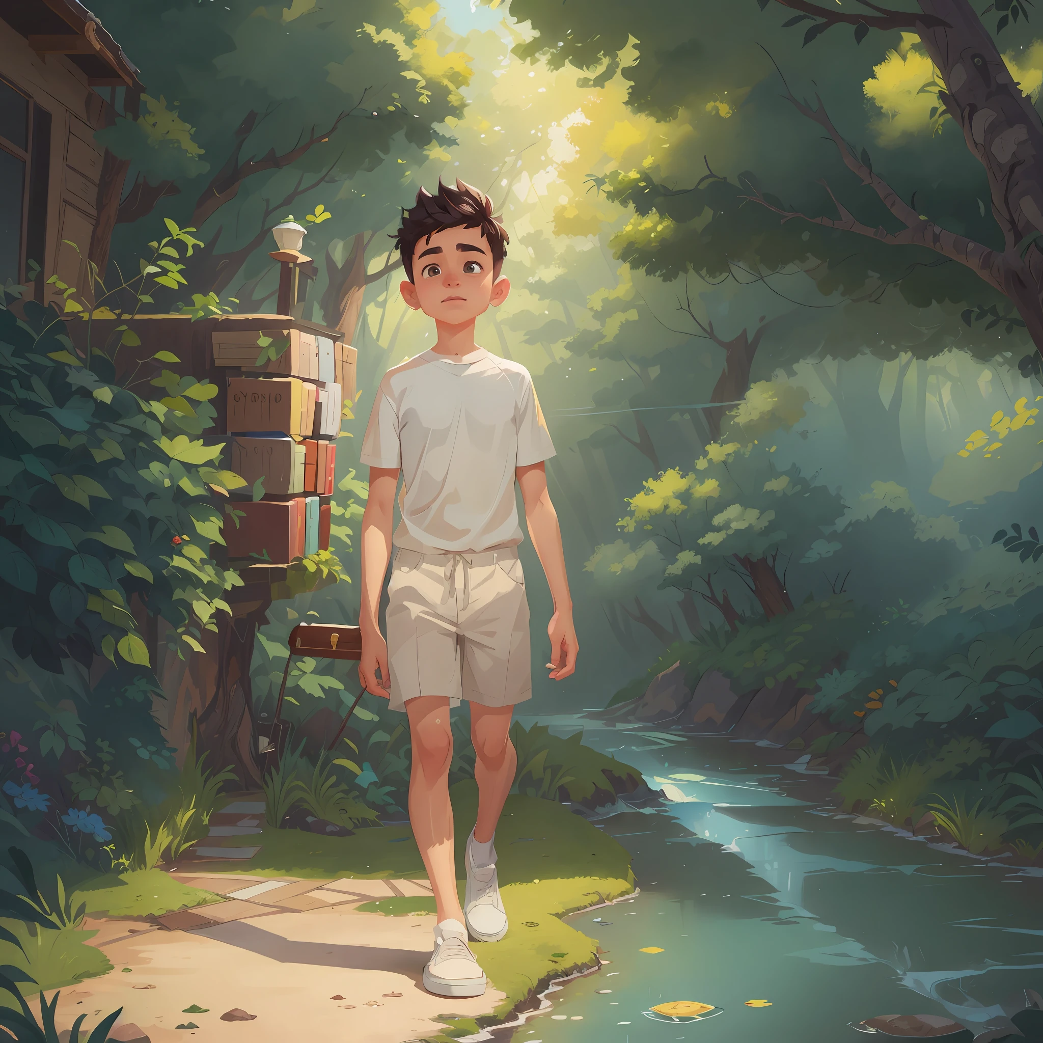album cape, arte detalhada, detailed book illustration, arte da capa, illustration daily deviation, album cape, untitled ,A capa do livro apresenta um protagonista, , adolescente com cabelos castanhos claros, exuding an intelligent and curious expression. Seus olhos cativantes refletem tanto bravura quanto curiosidade. He's confident in an extraordinary and mysterious fantasy setting, Towering trees with vibrant, folhagens brilhantes o cercam, criando uma atmosfera de maravilha e magia, The cover of the book embodies the essence of a, jovem protagonista curioso em um reino de fantasia hipnotizante e misterioso. a blank space for the title, arte detalhada da capa, Capa BD muito detalhada, Arte Oficial, cover illustration, arte de capa altamente detalhada, No estilo Sachin Teng, JC Leyendecker e Sachin Teng, Sachin Teng,