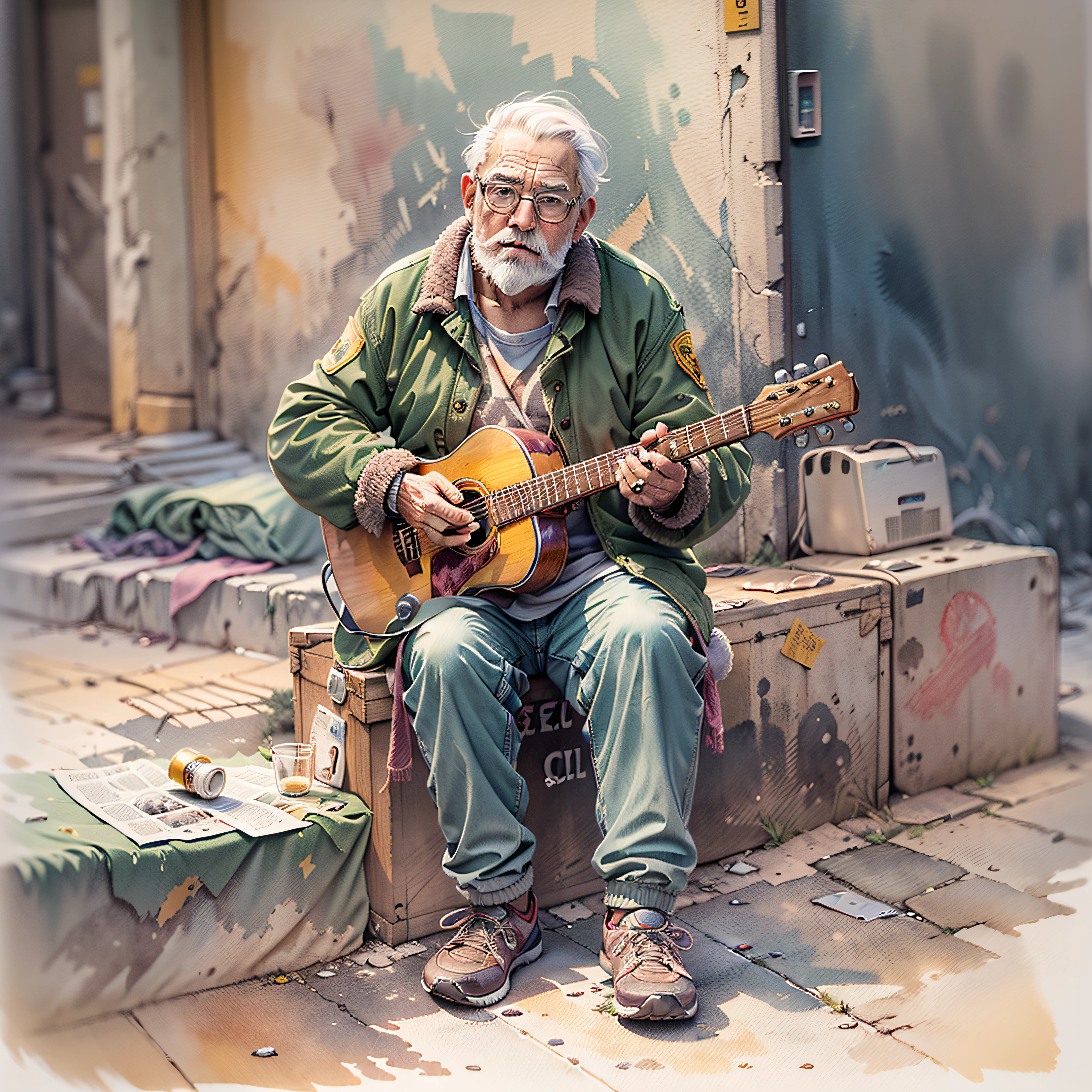 ((cuerpo completo))) (((acuarela Ghibli))), 60-year-old man with winter clothing glasses and short white beard, tocar la guitarra, sitting in a drawer, in a dark alley of the city, baja luz, 32 mil,