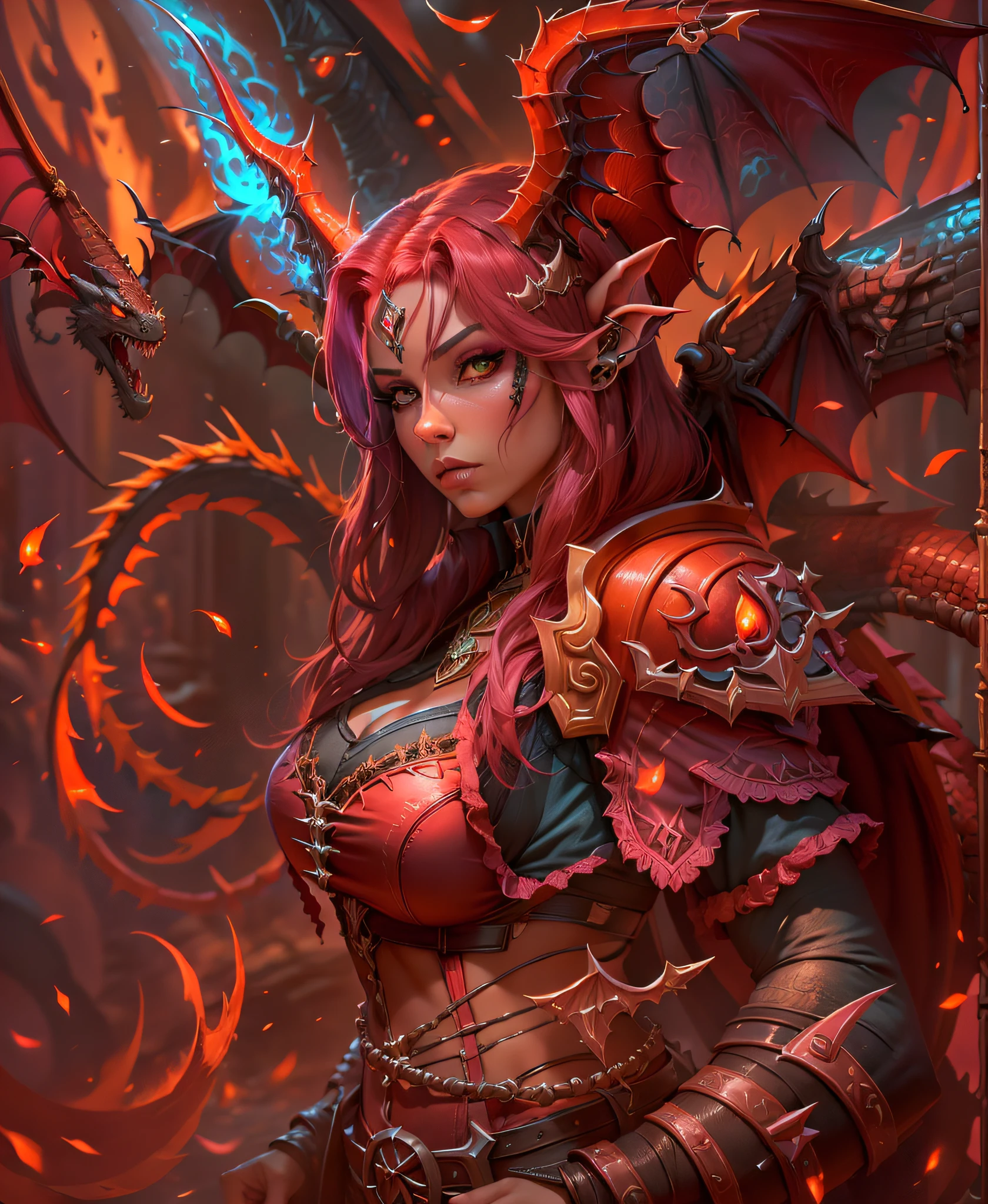 Dragoned, Mundo de Warcraft, Flight of the Dragon, Alexstrasza, ultra detalhado, 8k, vivid, atmosfera quente, vivid red, Dragon Armor, exotic girl