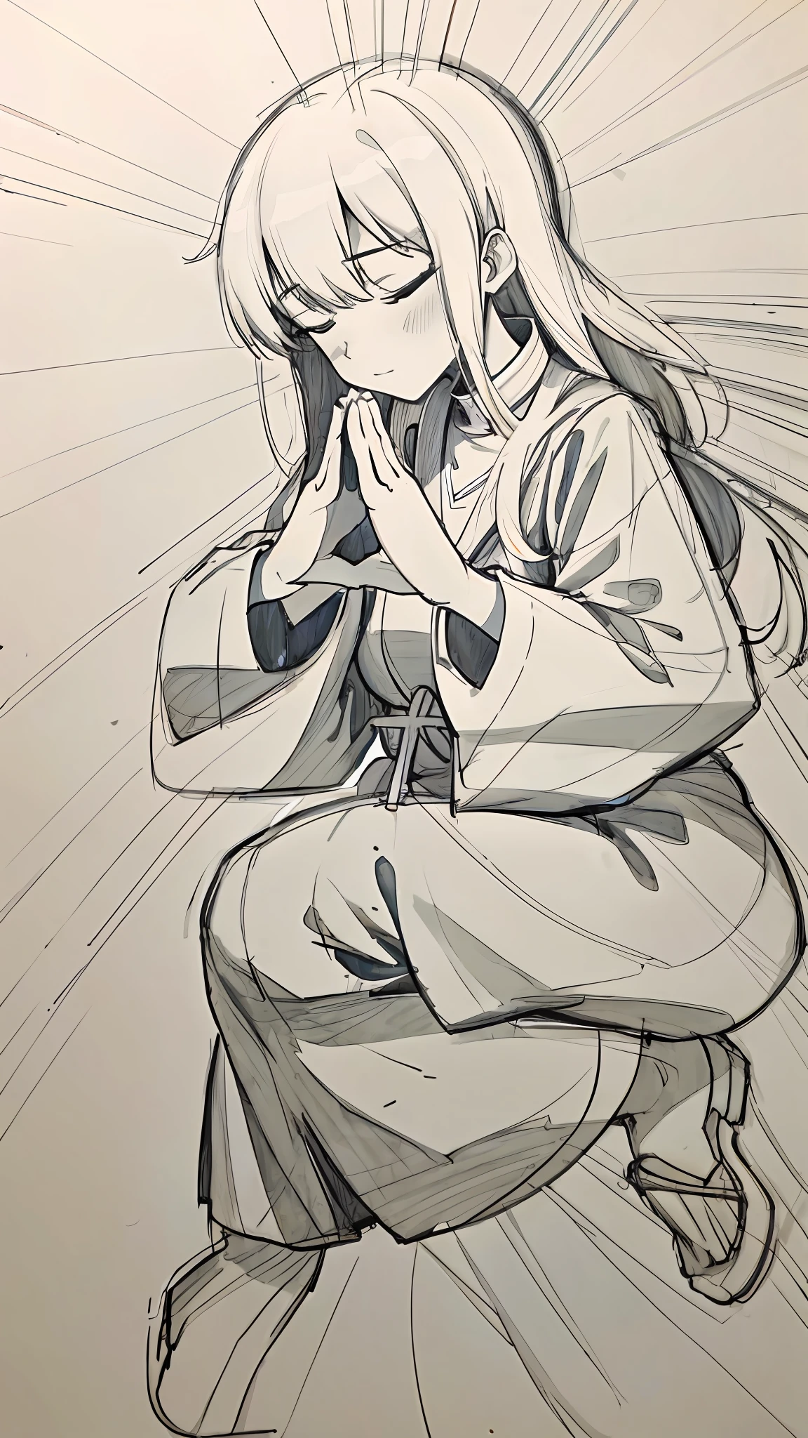 Painting of a woman with a heart in her hands, line-drawing, line-drawing!!, Thick line art, simple line art, doing a prayer, praying posture, thick line drawing, simple line art, outline drawing, Praying, simple drawing, anime sketch, outline sketch, clean anime outlines, thick outline, handdraw, thick outlines, thick linework, Prayer Hands