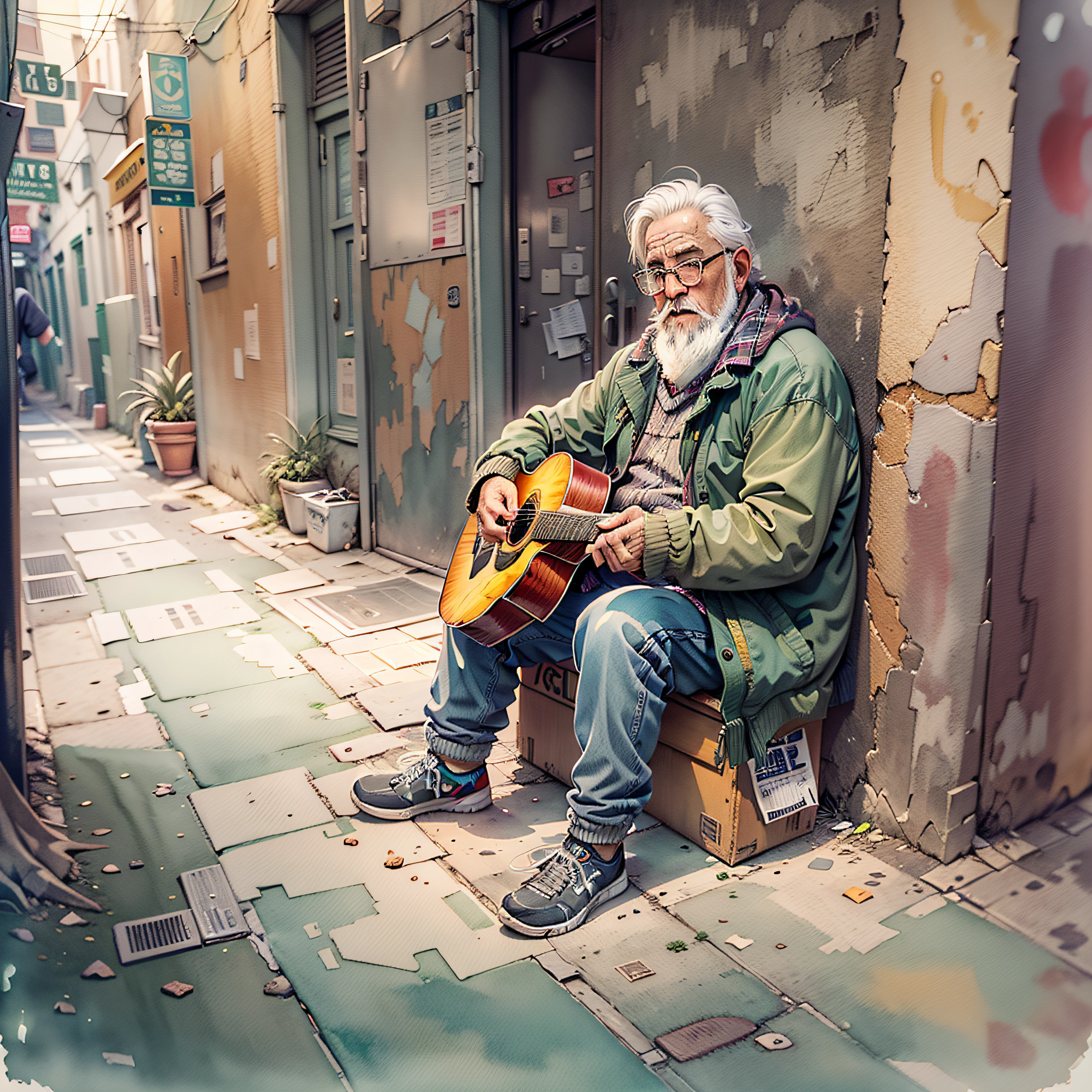 ((cuerpo completo))) (((acuarela Ghibli))), 60-year-old man with winter clothing glasses and short white beard, tocar la guitarra, sitting in a drawer, in a dark alley of the city, baja luz, 32 mil,