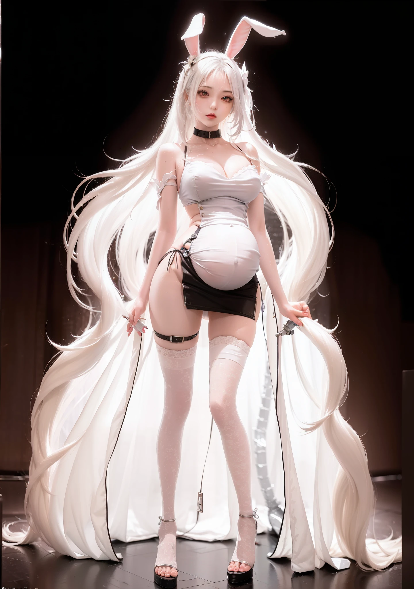 a cartoon picture of a woman with long white hair and bunny ears, anime monster girl, anime character; full body art, 18 year girl big pregnant, traces of sperm fluid on the pants, anime woman fullbody art, holy cyborg necromancer girl, biomechanical oppai, white haired deity, tifa lockhart with white hair, humanoid form, female humanoid creature, silver eyes full body, female anime character