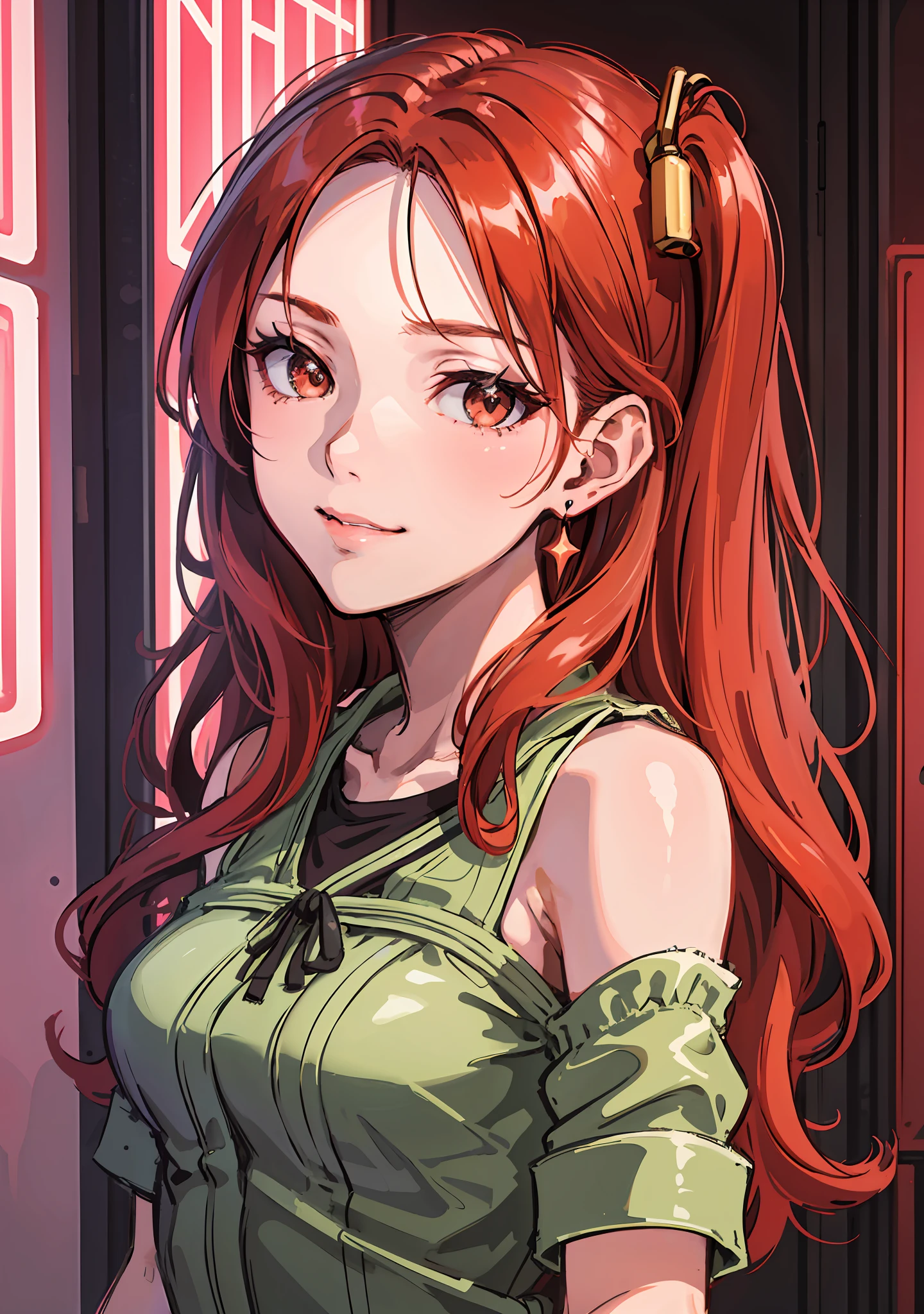 (highres, best quality:1.2), 1girl, Shimada fumikane artstyle, 1girl, sparkling eyes, radiance, soft contours, beautiful drawing, upper body, concept art, neon light, eyelashes, long red hair, minna dietlinde wilke, red eyes, casual wear, gentle smile, summer dress