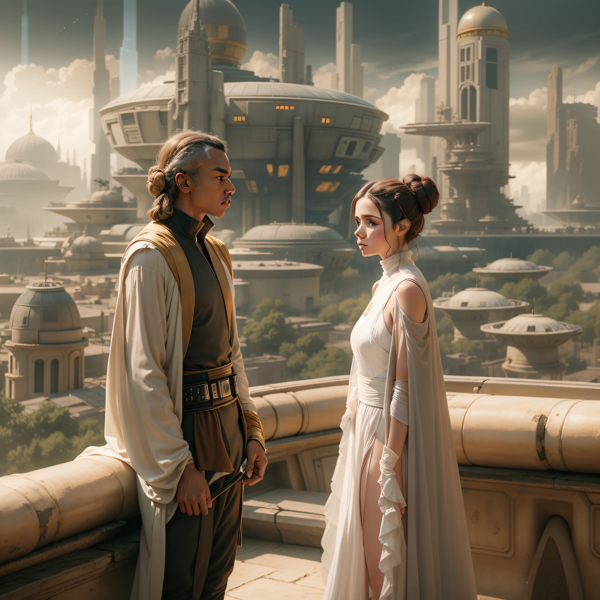 ja jar binks y la princesa leia en los majestuosos y amplios aposentos reales con gran cantidad de detalles tecnologicos y con gran terraza con gran ventanal desde donde se divisa la ciudad de coruscant con sus enormes edificios con arquitectura star wars.