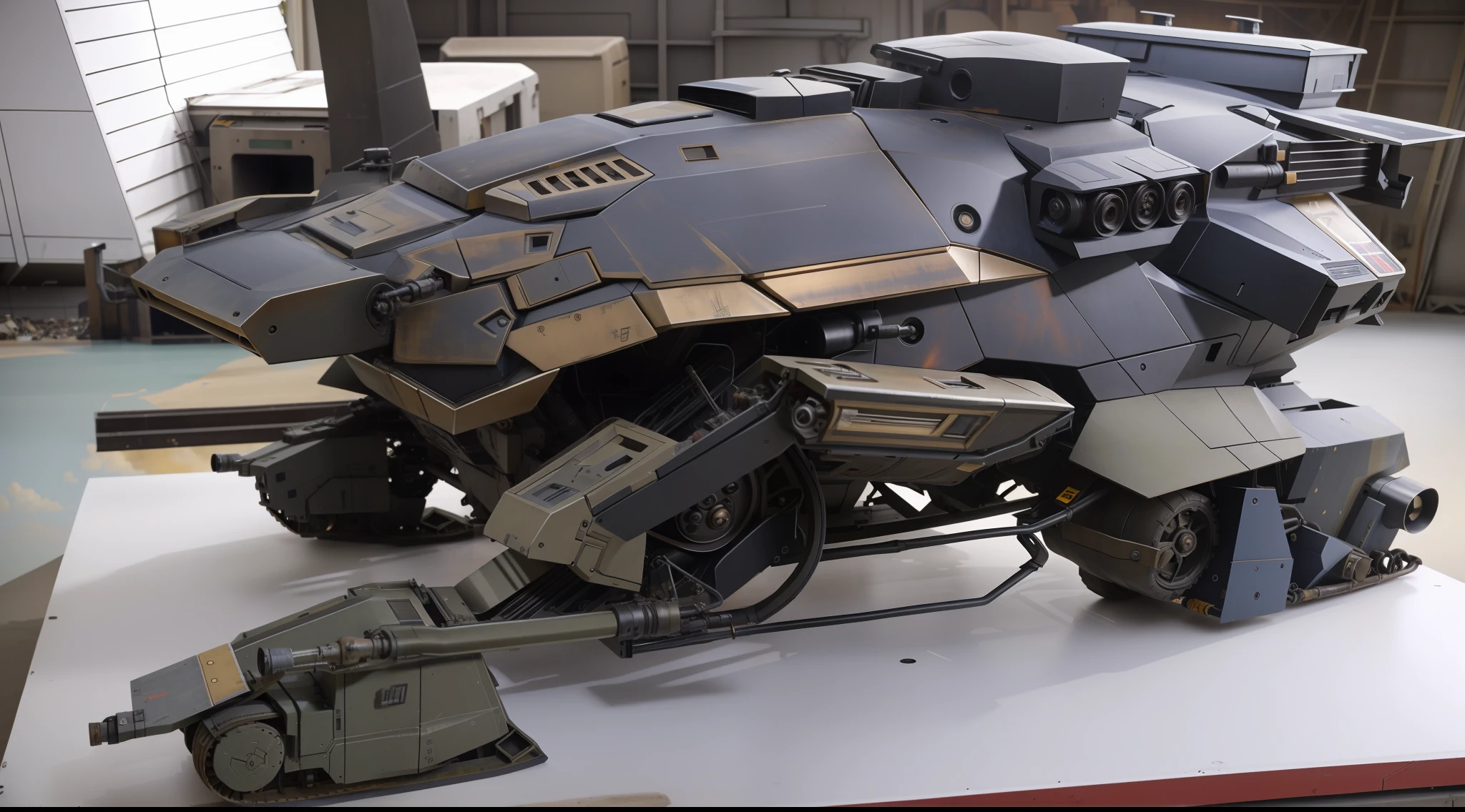 Very realistic high definition movie scene with mecha Aerodynamic war robot with two legs and cybernetic cannons, Dirty and dusty tank with futuristic legs post-apocalyptic military mecha destroyer of the future, inspirado nos filmes Hardware, Guerra nas Estrelas, ED-209. cena de filme 4K ultra HD. epic scifi character art, symmetr, David Leviathan style Leviathan, with post-apocalyptic style buildings shot with ARRIFLEX 35 lens 35mm camera