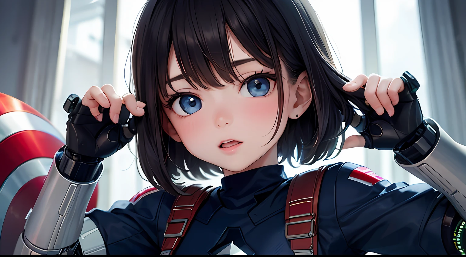 ultra realista menina idade 8 anos , infant body black hair blue eyes cybernetic cyborg arm the rma , luz no meio do peito , Captain America's Uniform , corpo cyborg danificado , fazendo sinal de paz com as maos , tubos nos seios , sexy