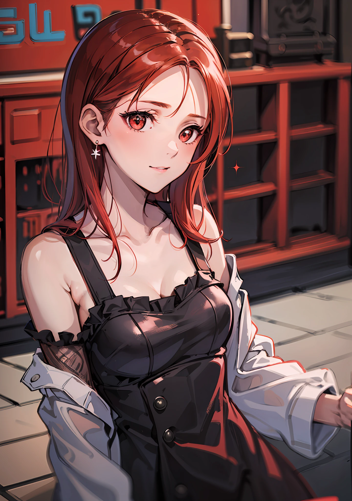 (highres, best quality:1.2), 1girl, Shimada fumikane artstyle, 1girl, sparkling eyes, radiance, soft contours, beautiful drawing, upper body, concept art, neon light, eyelashes, long red hair, minna dietlinde wilke, red eyes, casual wear, gentle smile, summer dress