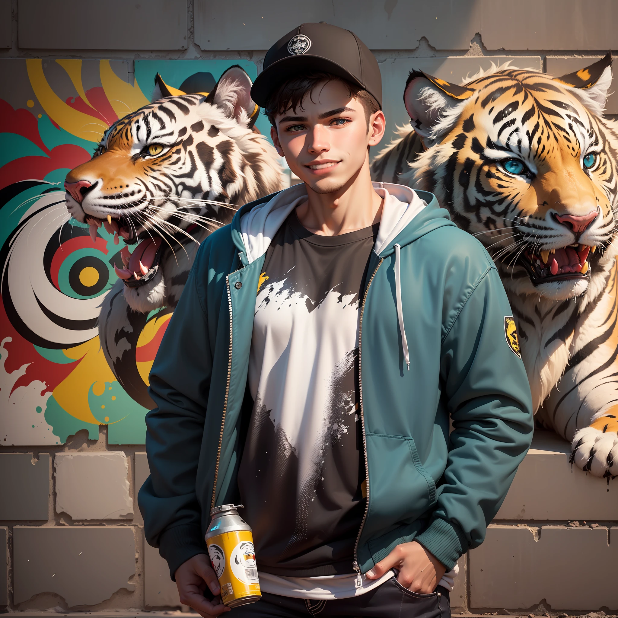 (dramatic illumination, intense color contrast), solo, (portrait of a young man wearing black hoodie with brightly colored graphic art, black jeans, combat boots, baseball hat, brown hair, blue eyes), (spray paint cans), (painting graphic art of school mascot white tiger on cinder block wall), (white, red, yellow color scheme), street artist (smile)