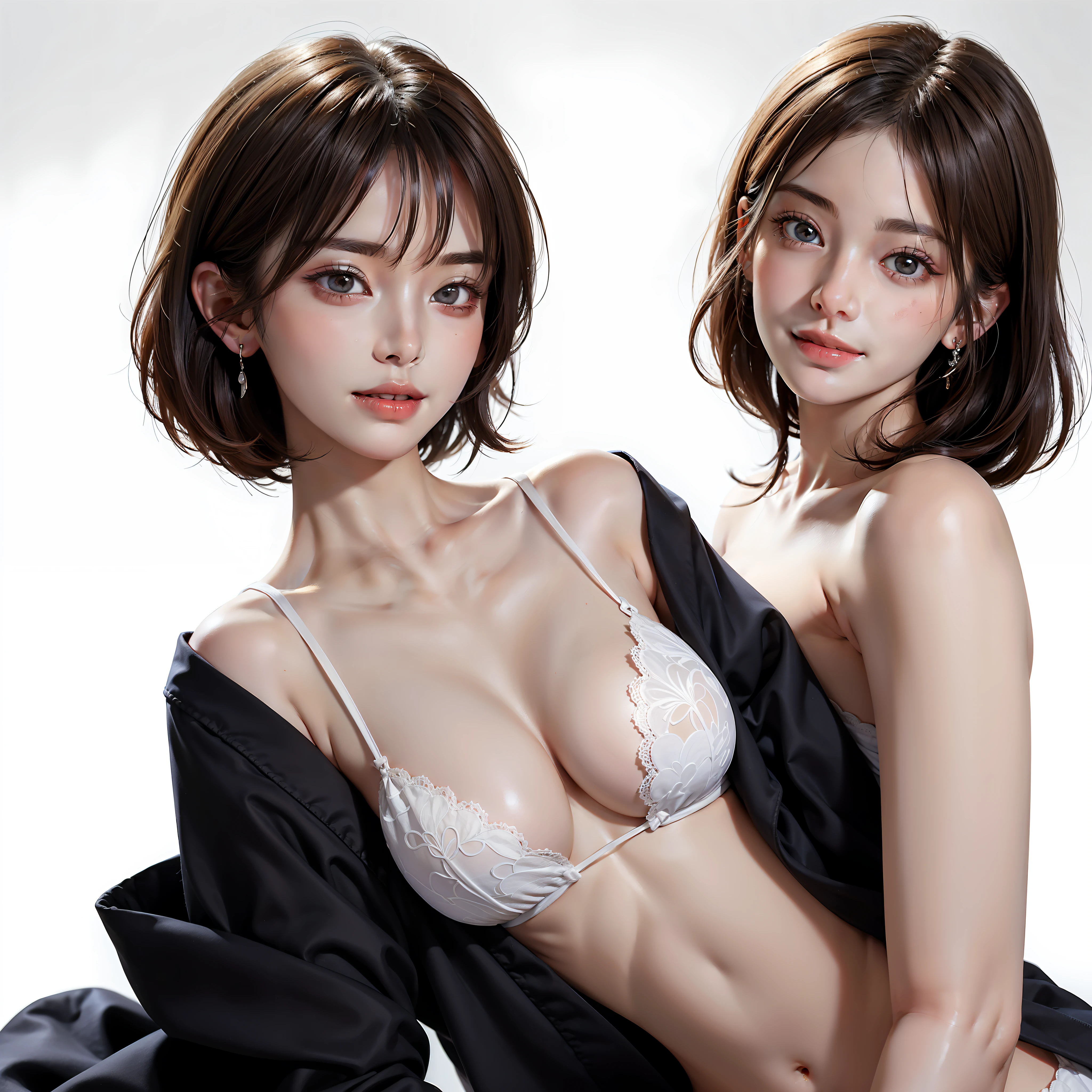 Beautuful Women、1 190cm supermodel Japan people、(Only 1 person、1人日本人、独奏、solitude)、Very sexy body、Big chest looking directly at the camera、sexy facial expression、Squeeze your breasts between your arms to create cleavage、Bring your chest together、Coquettish smile、Happy smile with mouth closed、Close your mouth and smile、Close your mouth and smile、skin gloss、big eye、Highlights in the eyes、Distinct double eyelids、Lashes、long neck、Beautiful short hair with bangs、Glossy dark black hair、bangss、with a pure white background、Nothing background、Put your ears out、Beautiful skin quality、Oil for the body、Lame on skin、Lotion for the body、Clean belly button、Clean ribs、(Immaculate white background with nothing really、cowboy  shot、Clean belly button、pretty skin、cute  face、beautiful countenance、Attractive neat face)