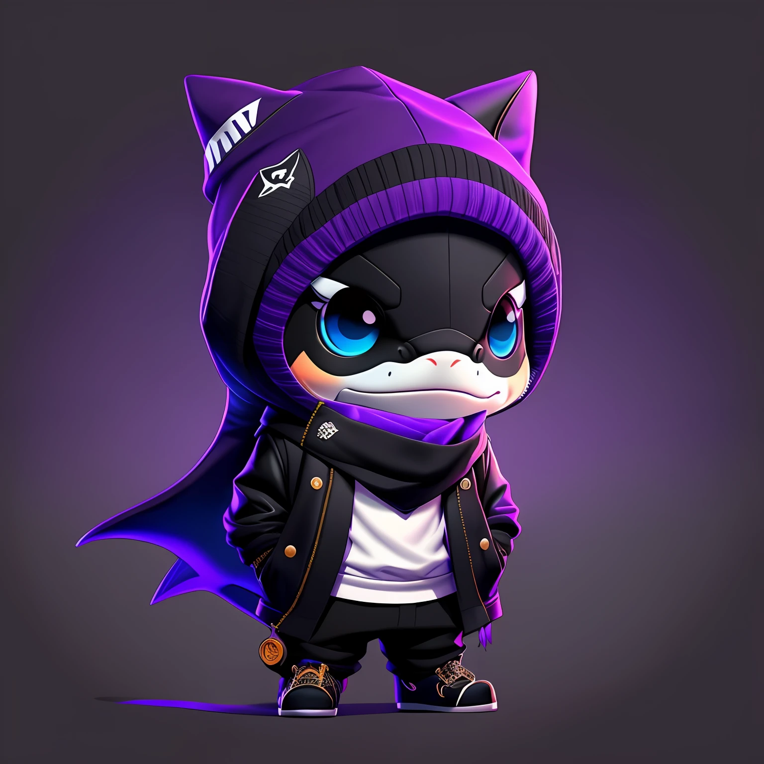 Picture of a small shark, mascote, with purple hat and black scarf , olhos azuis, usando colar de bitcoin, Art Station Trend, vestido com roupas todas pretas, hyper realistic detailed rendering, estilo urbano, pose intimidadora porem rosto doce, Planet of Sharks, roupas da moda, samurai urbano, roupas pretas, roupas pretas, gorro roxo8 1 5