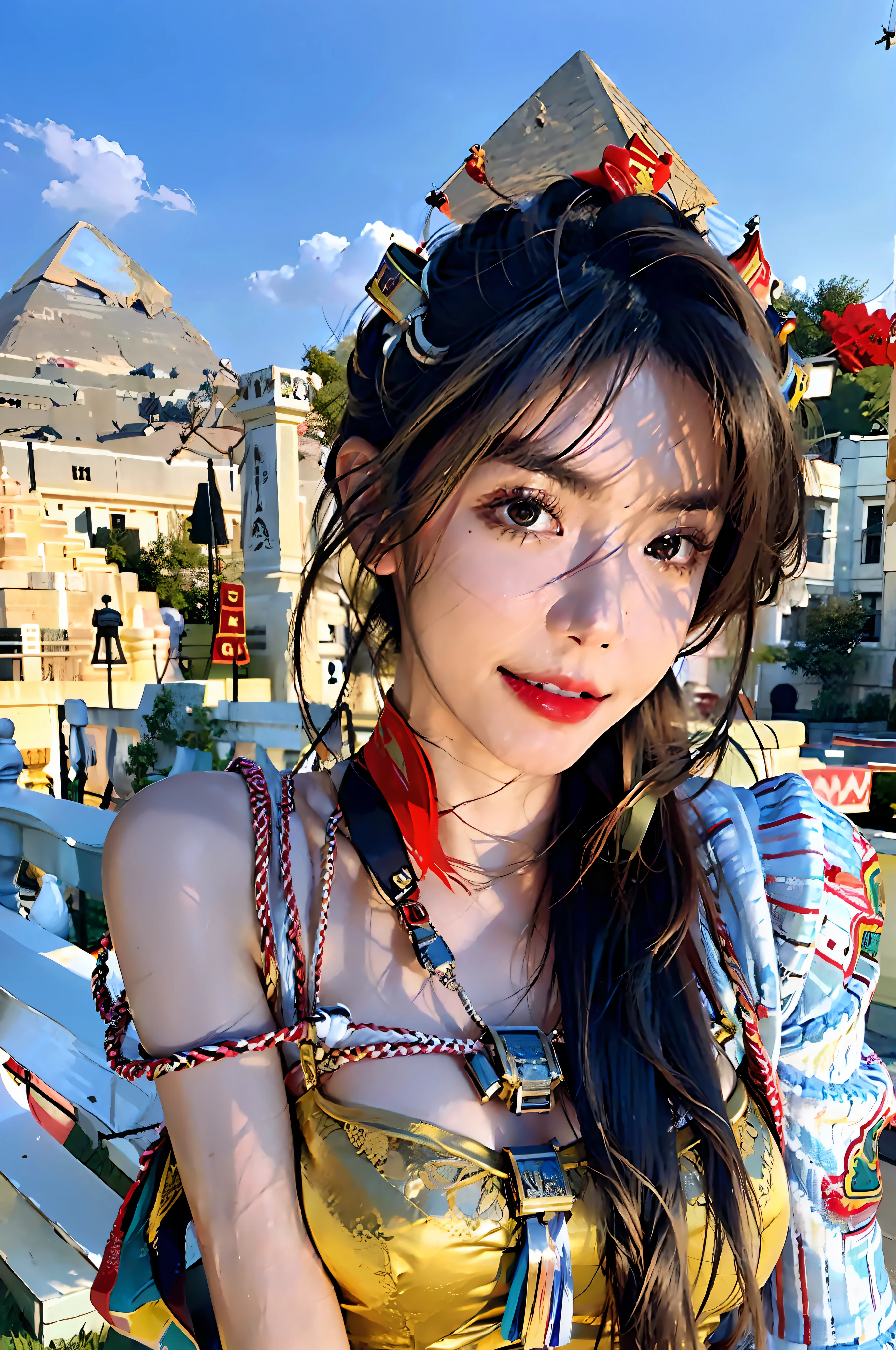 best quality, masterpiece, photo realistic, intricate details, raw photo, photon rendering, octane render, absurdres, ultra detailed, detailed face, detailed skin, trending on artstation, 8k masterpiece, cinematic lighting, ( (1girl)),((solo)),((looking_at_viewer)),trending on cg society,plasticien,((black long hair)),((beautiful woman)),(Smile),sexy lingerie, lingerie, underwear, bra,((Egyptian pyramid)),((sexy)),wind blowing hair, ((flowing hair)),happy,fashion magazine,