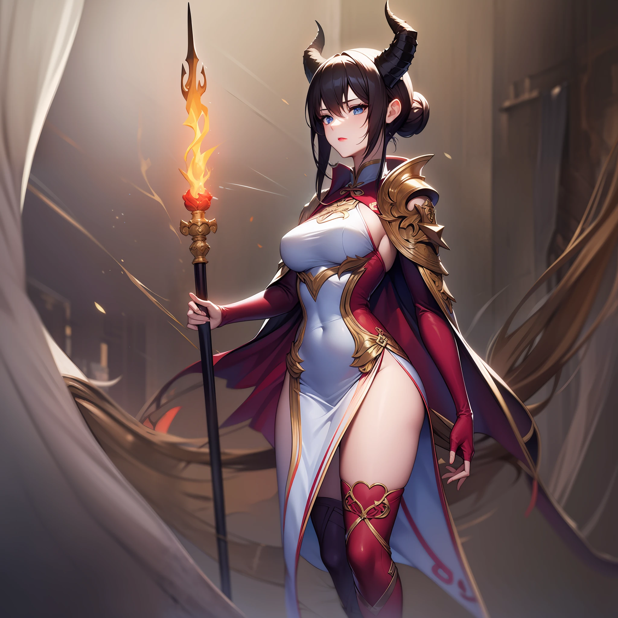 Woman, blue eyes, brunette hair gathered in a sloppy low bun, red tight Chinese dress, high black boots, dragon horns and tail, light lipstick, spear in hands, a short cape on the shoulders, cold emotionless gaxe