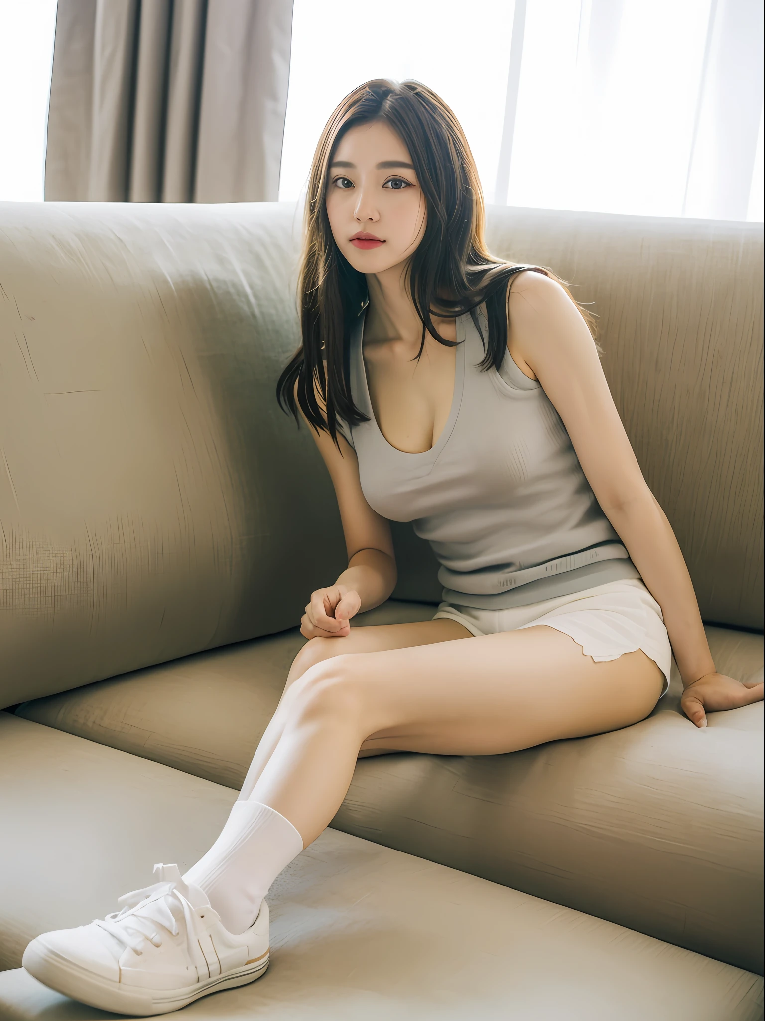 ((Best picture quality, 8K, tmasterpiece:1.3))，(1girll)，Long hair with a shawl，Ultra-fine face，A detailed eye，ssmile，Small chest，Slender abs，The butt is upturned，((White letter vest，White hot pants，white legwear，White sneakers，The legs are long and thin，a variety of poses，Lying on the sofa，Magazine in front of the sofa，Behind the sofa are curtains))，