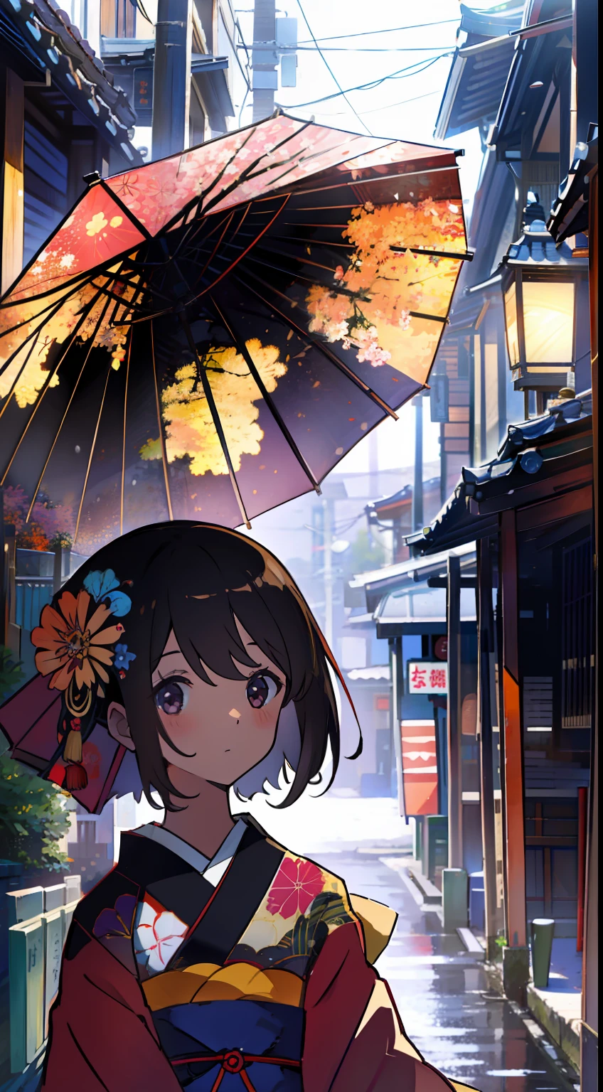 One girl、A dark-haired、Medium hair、cute little、masterpiece、Top image quality、top-quality、kimono、Japanese umbrella、Streets of Kyoto、bru、profile、Beautiful fece、Straight face