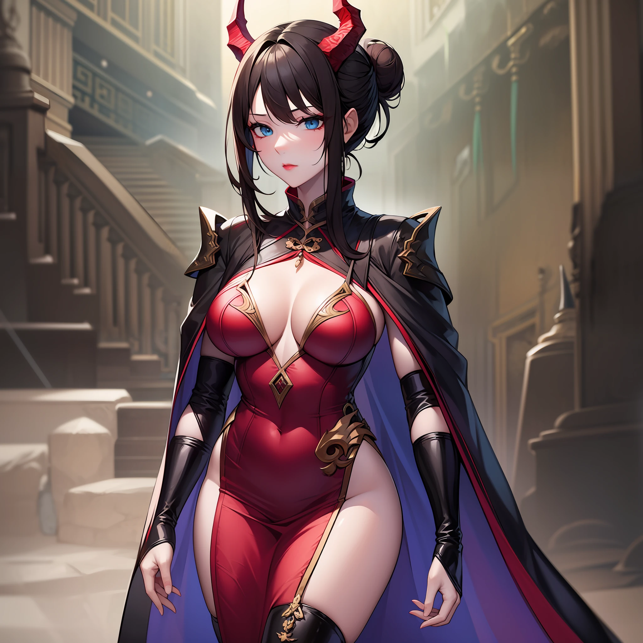 Woman, blue eyes, brunette hair gathered in a sloppy low bun, red tight Chinese dress, high black boots, dragon horns and tail, light lipstick, spear in hands, a short cape on the shoulders, cold emotionless gaxe