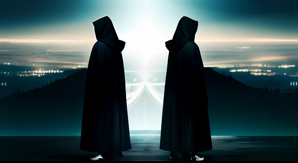 two hooded men standing and watching in rooms of celestial ethereal mystery Ethereal Eternities eternities eerily surreal dark silence, altamente detalhado, trending in the artstation