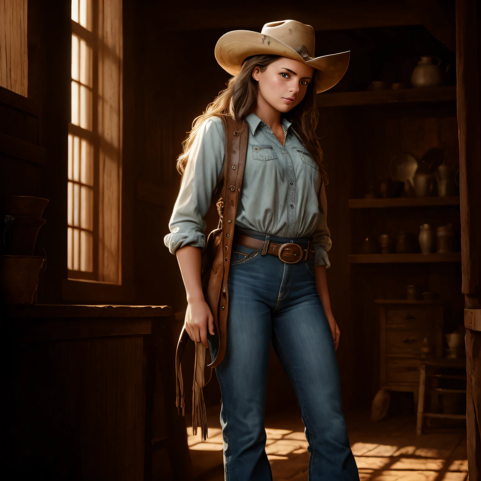 color image of a young cowgirl in jeans in the old west with striking cinematic lighting --auto