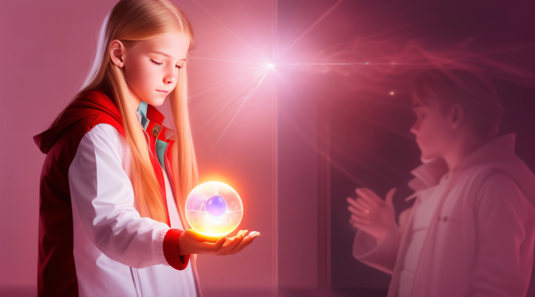 REALISTIC PHOTO, CLOSEUP, LONG BLONDE HAIRED BOY IN RED JACKETS, holding a glowing ball in his hands, mage pondering his orb, holding a glowing orb of dice, he is casting a lighting spell, holding a glowing orb, holding a crystal ball, psychic, crystal ball, cool marketing photo, stock photo, predicting the future, stock image, plasma globe, well-lit professional photo, magic,