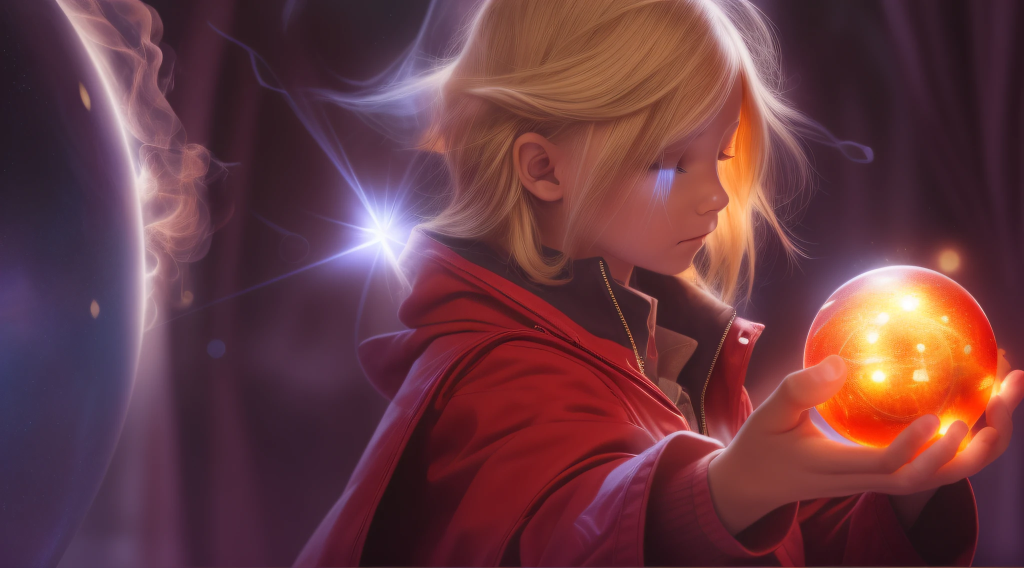 REALISTIC PHOTO, CLOSEUP, LONG BLONDE HAIRED BOY IN RED JACKETS, holding a glowing ball in his hands, mage pondering his orb, holding a glowing orb of dice, he is casting a lighting spell, holding a glowing orb, holding a crystal ball, psychic, crystal ball, cool marketing photo, stock photo, predicting the future, stock image, plasma globe, well-lit professional photo, magic,