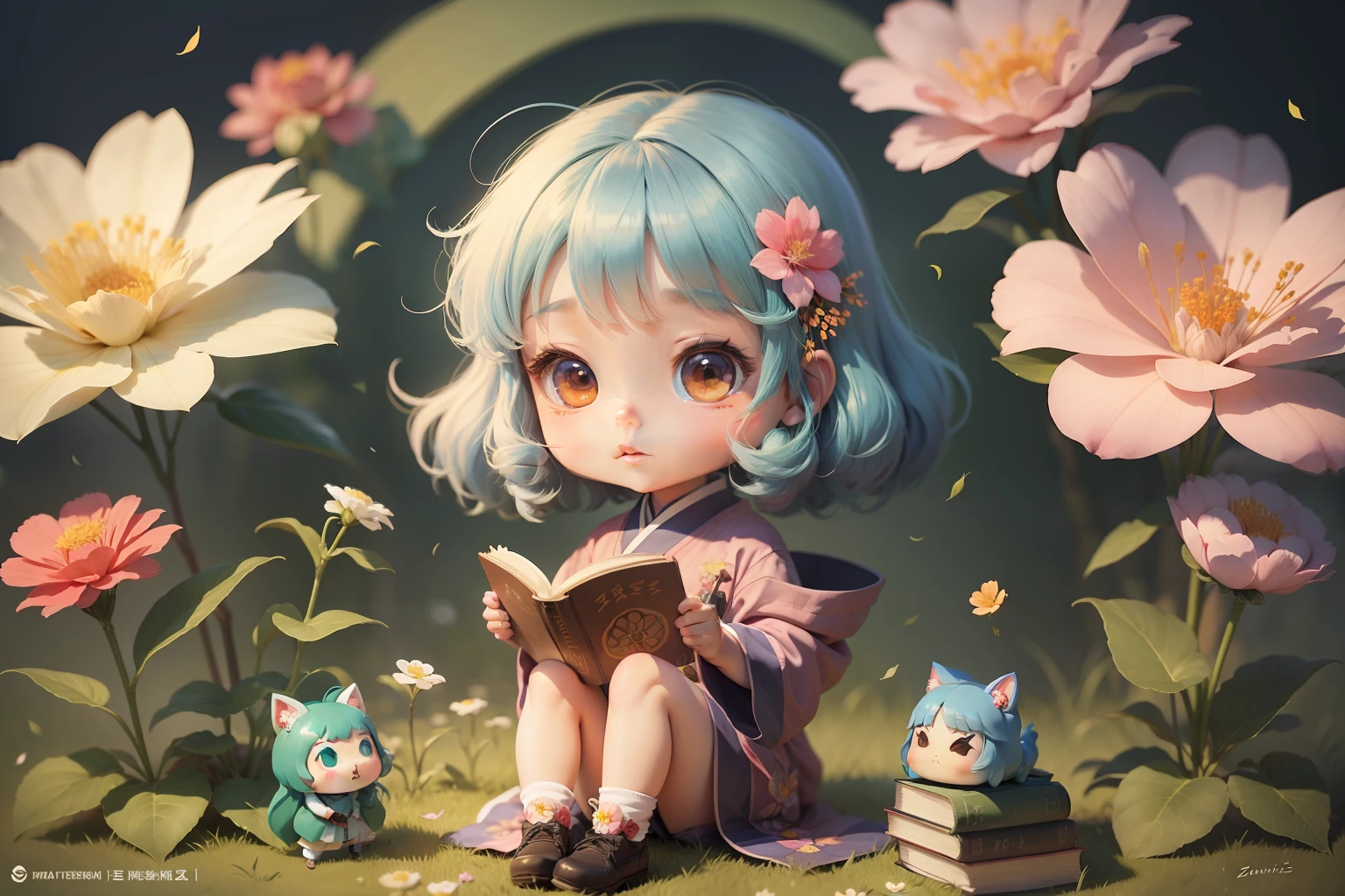 cartoon girl with book and flower in hand, chibi, inspired by Sim Sa-jeong, inspired by Takehisa Yumeji, seasons!! : 🌸 ☀ 🍂 ❄, zumidraws, chibi girl, holding spell book, inspired by Lü Ji, inspired by Rumiko Takahashi, sitting with flowers, inspired by Jang Seung-eop, smol, chibi style