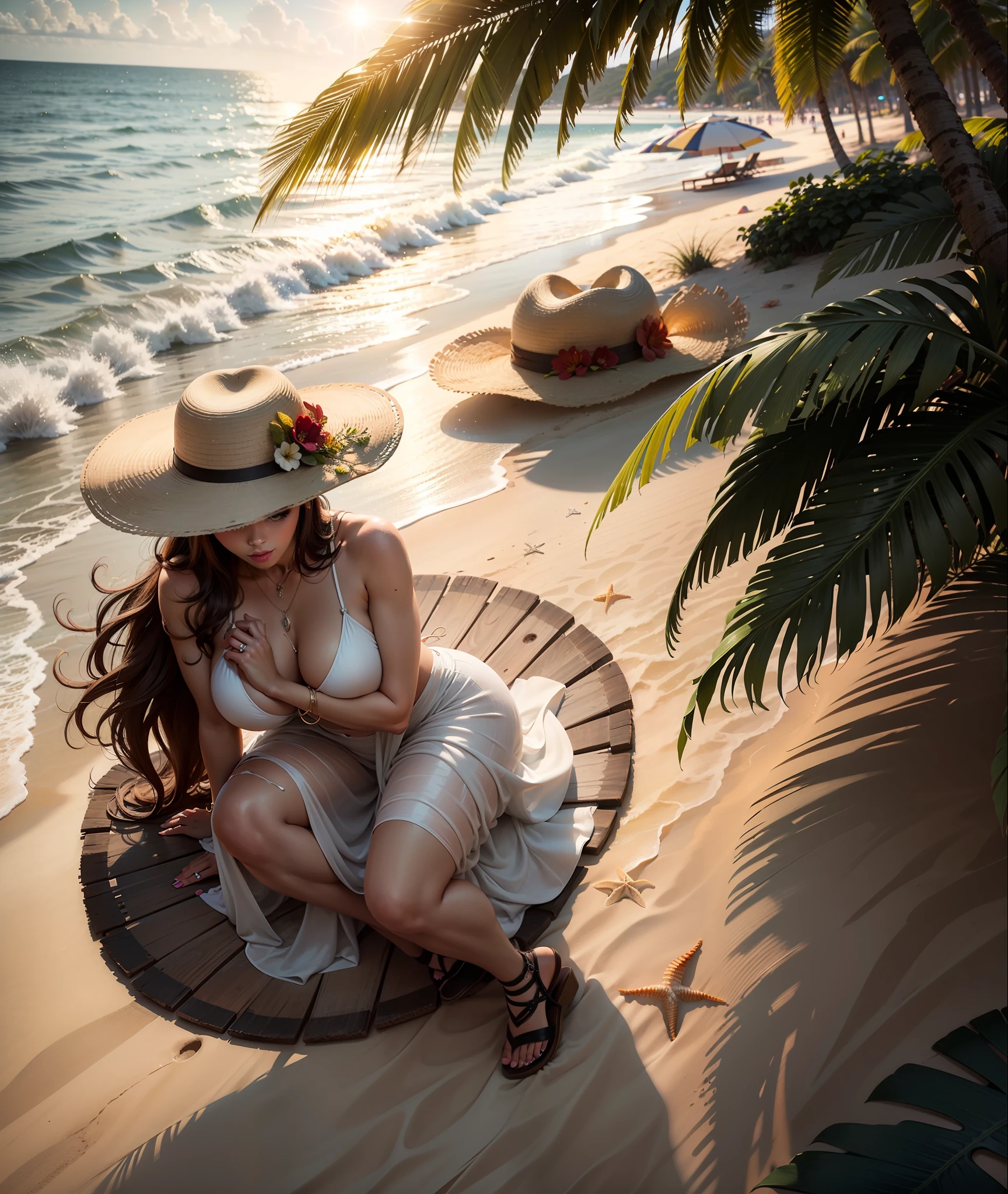 (masterpiece:1.2, best quality), (1lady, solo, upper body:1.2), Clothing: white flowy maxi dress, wide-brimmed hat, strappy sandals, Accessories: shell necklace, Hair: loose beach waves, Makeup: natural, glowing skin, Behavior: relaxed, carefree, free-spirited, Location: beach, resort, outdoor festival, red eyes, huge tits,