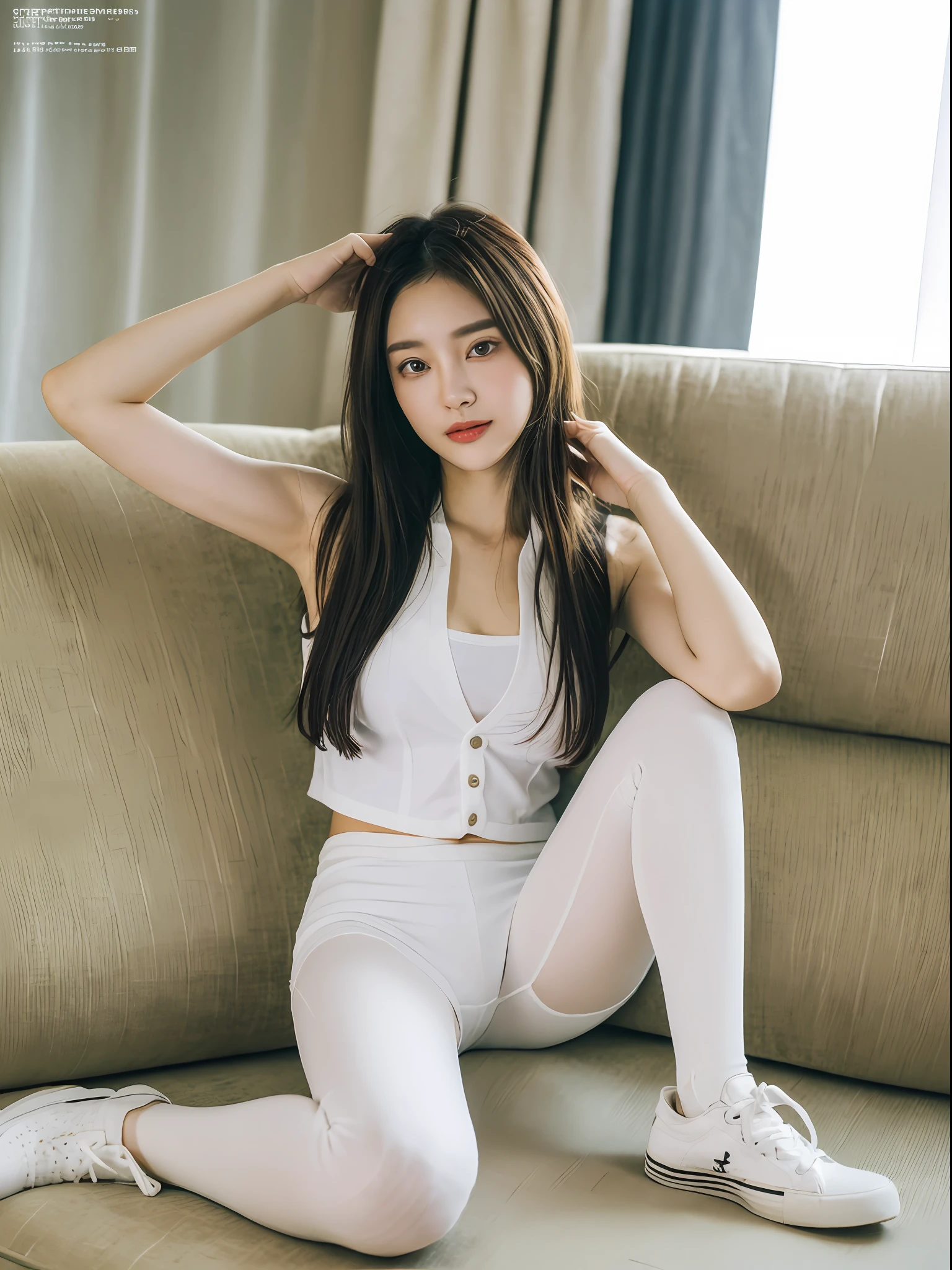 ((Best picture quality, 8K, tmasterpiece:1.3)),(1girll),Long hair with a shawl,Ultra-fine face,A detailed eye,ssmile,Small chest,Slender abs,The butt is upturned,((White letter vest,White hot pants,white legwear,White sneakers,The legs are long and thin,a variety of poses,Lying on the sofa,Magazine in front of the sofa,Behind the sofa are curtains)),