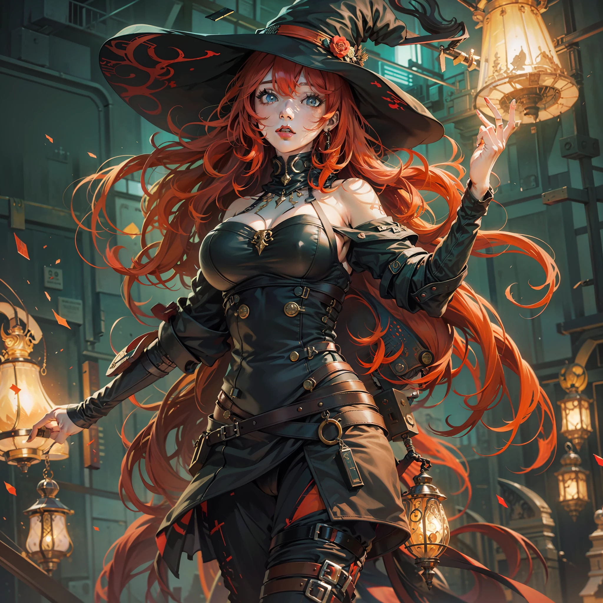 Witch with red hair and black hat posing for a full body photo, menina anime sedutora, mulher bonita sedutora do anime, Arte no estilo de Guweiz, photorealistic anime girl rendering, arte de anime digital, arte de anime digital detalhada, [ Arte digital 4K ]!!, Advanced digital anime art, Digital anime illustration, Artgerm extremamente detalhado, arte cg anime suave, seios grandes, espartilho, sinta liga, botinha coturno preto, corpo perfeito, gargantilha, olhos azuis, cabelo liso, corpo magro, 4k, obra-prima,