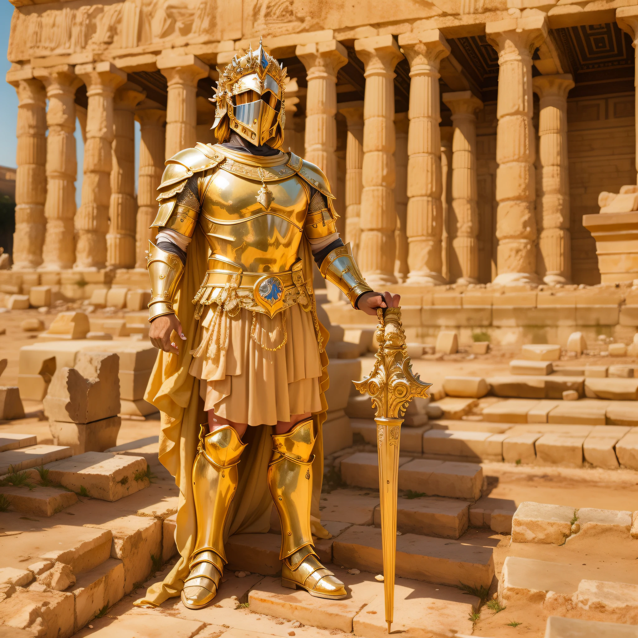 Golden Knight of the Constellation of Gemini, Kano of Gemini, in front of the Greek temple of Agrigento, Tempio della concordia.