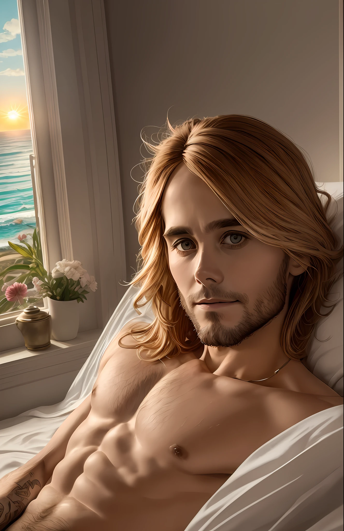 Jared Leto naked in bed, his face smiling and loving but tired, the sheets barely covering his beardless body, in the background a bay window overlooking a beach, the sun was just rising over the ocean, hyper realistic, high quality, high details, no cloths, no underwear --auto --s2