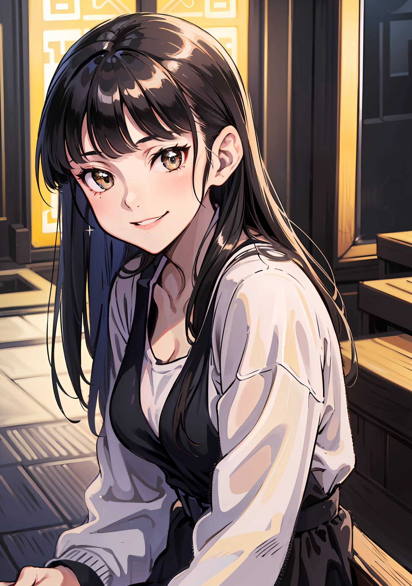 (highres, best quality:1.2), 1girl, Shimada fumikane artstyle, 1girl, sparkling eyes, radiance, soft contours, beautiful drawing, upper body, concept art, neon light, eyelashes, long black hair, sakamoto mio , brown eyes, casual wear, smile, summer dress