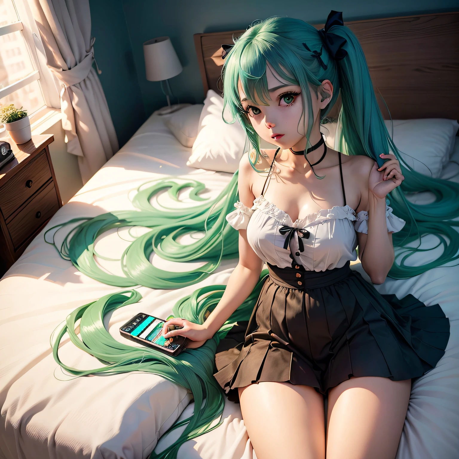 Menina anime com cabelo azul e roupa verde sentada em uma cama, amigo, Melhor Avaliado em Pixiv, Mikudayo, menina anime sedutora, na empresa Pixiv, Hatsune amigo, Popular em Pixiv, Menina anime com cabelo martelo, Pixiv 3dcg |, [ Arte digital 4K ]!!, Pixiv, sona is a slender, fanart de alta qualidade --auto