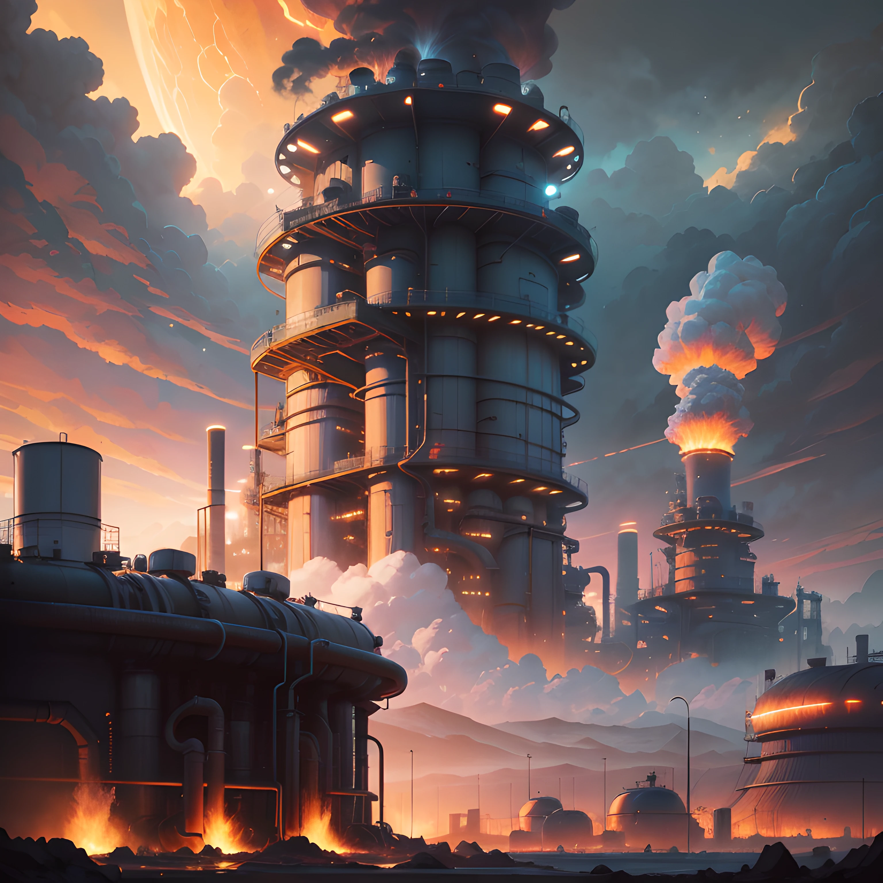 landscape of a Hairy Geyser and Fierce Fossil fuel power station, at Dusk, Overdetailed art, side lit, Technicolor, artstation, art by Atey Ghailan,art by theCHAMBA, colorful, vivid colors, best quality, absurdres, highest quality, amazing details, 8k
