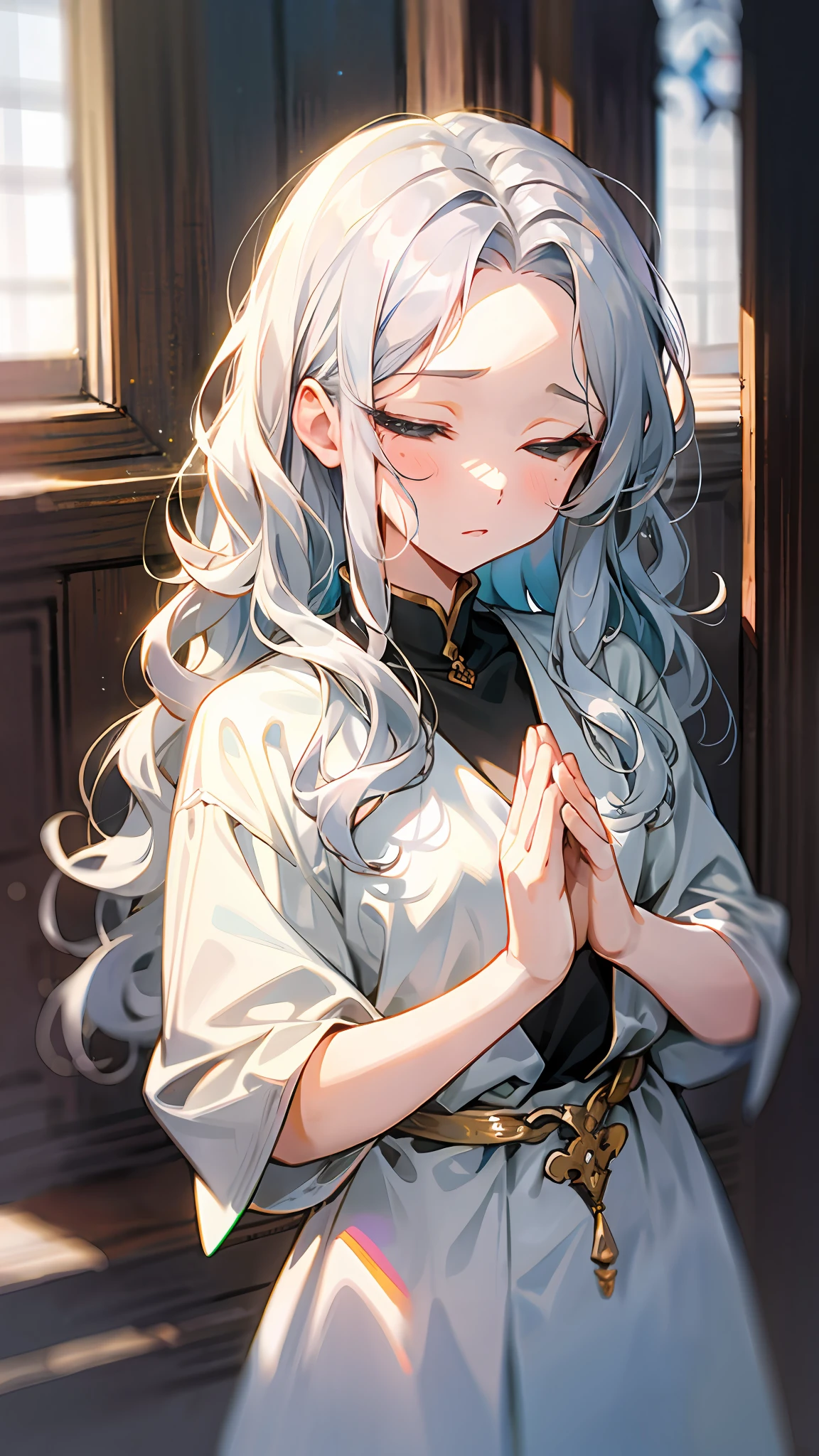 praying posture、Silver wavy hair