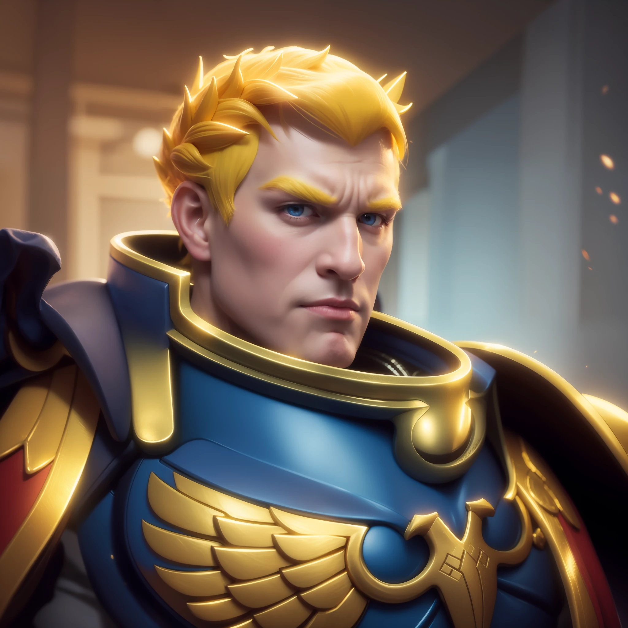 um homem (her hair is yellow:1,2), ele é o primarca Roboute Guilliman, He's wearing blue armor,as real as possible, Realista 8K