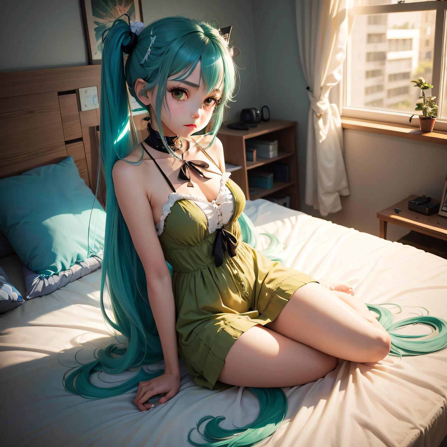  anime com cabelo azul e roupa verde sentada em uma cama, amigo, Melhor Avaliado em Pixiv, Mikudayo, menina sedutora, na empresa Pixiv, Hatsune amigo, Popular em Pixiv, Menina animeabelo martelo, Pixiv 3dcg |, [ Arte digital 4K ]!!, Pixiv, sona is a slender, fanart de alta qualidade --auto