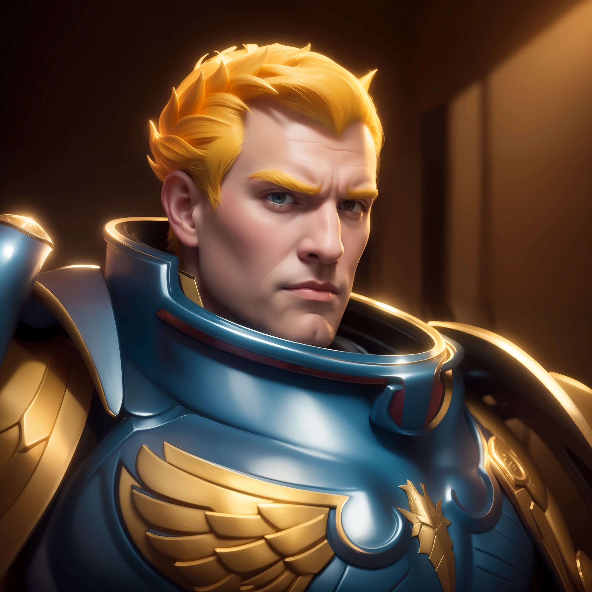 um homem (her hair is yellow:1,2), ele é o primarca Roboute Guilliman, He's wearing blue armor,as real as possible, Realista 8K