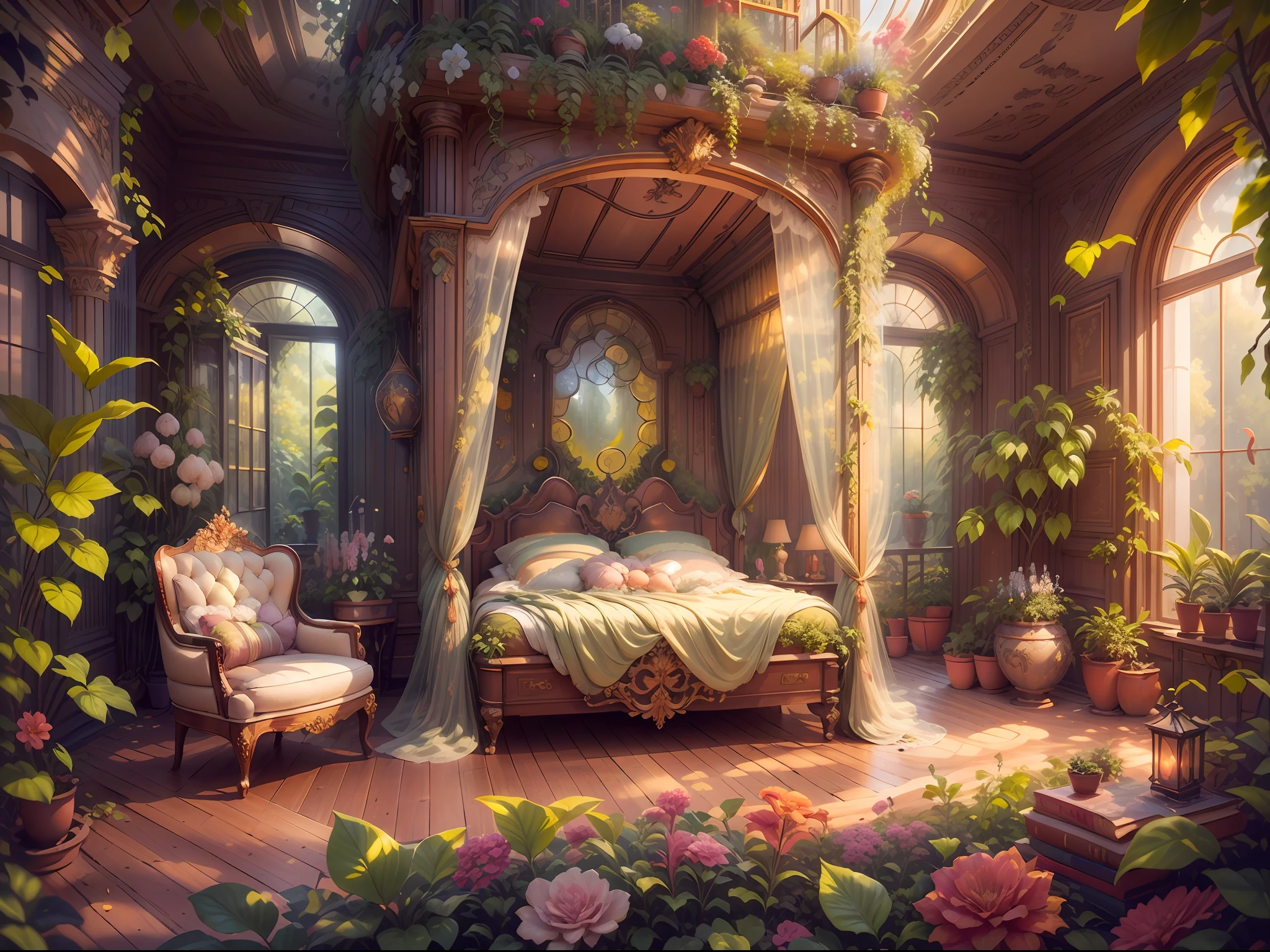 Solarpunk Dreamscape: The Royal Botanical Sanctuary | Generate an ornate botanical bedroom in the style of Versailles in a solarpunk world. There is a giant historical window in the bedroom. The giant French historical window is adorned with intricate carvings and dominates one wall. Through the massive window, a colorful and intricate solarpunk cityscape is visible. The cityscape is bustling and interesting, with many small details and high visual interest. The bedroom is peaceful, with many elegant flowers and flowered ivy among the rich silk fabric and hardwood floor. Take inspiration from rooftop gardens, royal french gardens, beautiful rose gardens, and whimsical fantasy. Include beautiful fantasy details and touches, including fantasy water, books, 3D touches, and delicate tendrils of ivy. Camera: Utilize innovative lighting techniques to emphasize the realism and beauty of the image. Delicate flower petals from floating flowers dance through the air. Utilize dynamic composition to create a compelling image.