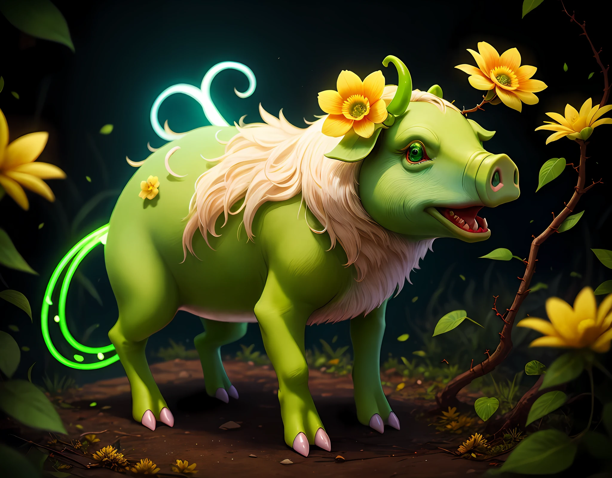 Bipedal creature resembling a green pig, yellow flower with glowing white-blue center, green tendrils, red thorns , masterpiece, best quality