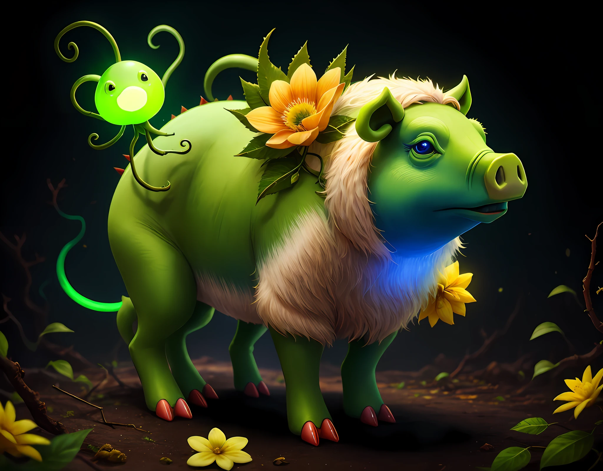 Bipedal creature resembling a green pig, yellow flower with glowing white-blue center, green tendrils, red thorns , masterpiece, best quality