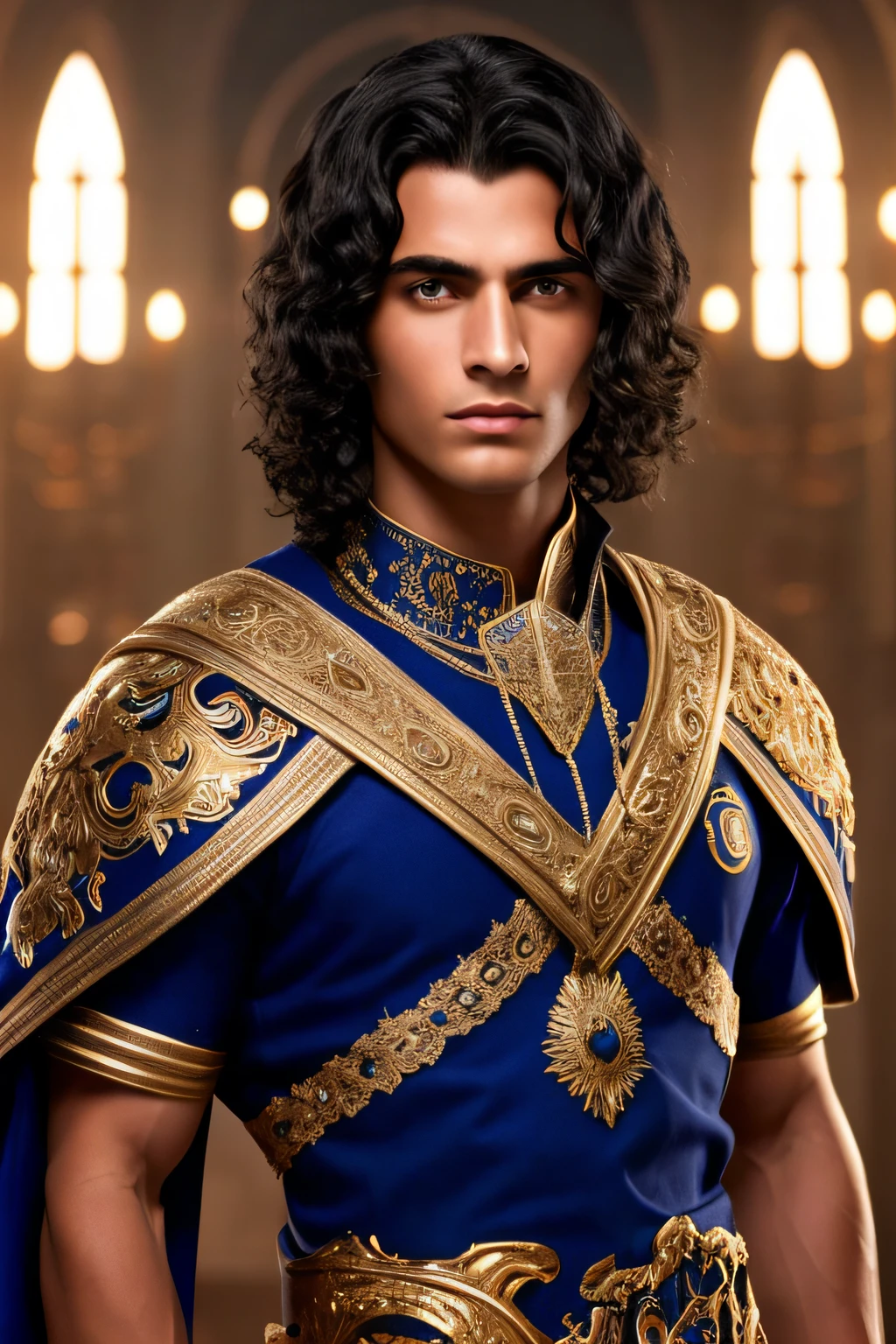 (handsome disney prince dark black hair, blue eyes, striking eyebrows and cement face, white olive skin, sun tanned skin. demigod greek warriora1.2), roupa de guerreiro romano couro preto e azul, hiperdetalhado, ultra afiado, 8k, (insanamente detalhado:1.5), fotografia de corpo inteiro, 20 megapixels, canon eos r3, pele detalhada, semideus grego