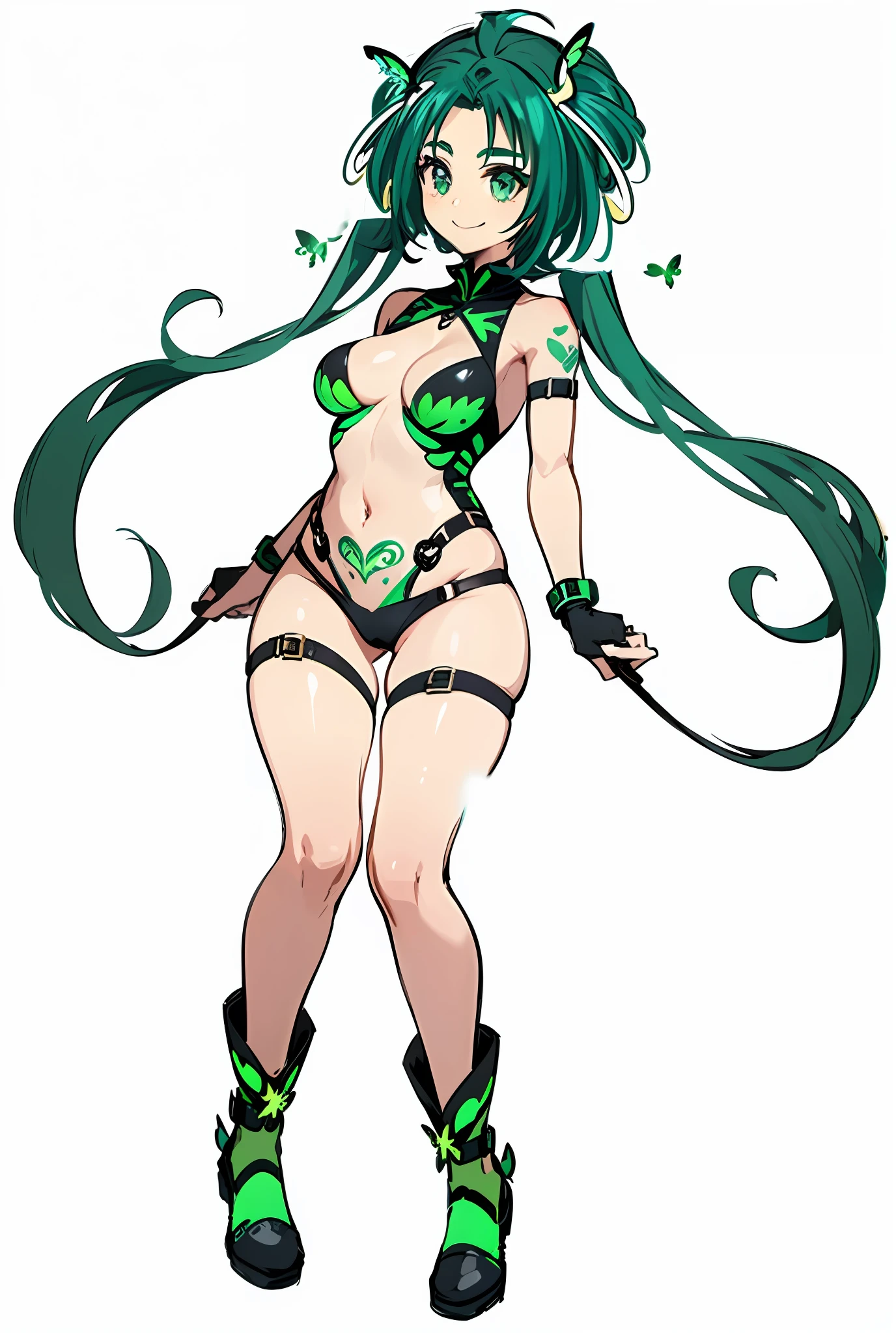 (((Saggy eyes + Smile), One Woman, Solo, Green butterfly hair ornament with black border), high legs + voluminous green hair, Parted bangs, She has her hair tied back, Forehead visible, Hair pulled back, Thick eyebrows, See-through,, Symmetrical bangs so that the forehead is visible, exquisite detailing, Dark type green eyes, blackbodysuit + green line, high legs, Heart Design Chastity Belt + keyhole, heart tattoo)