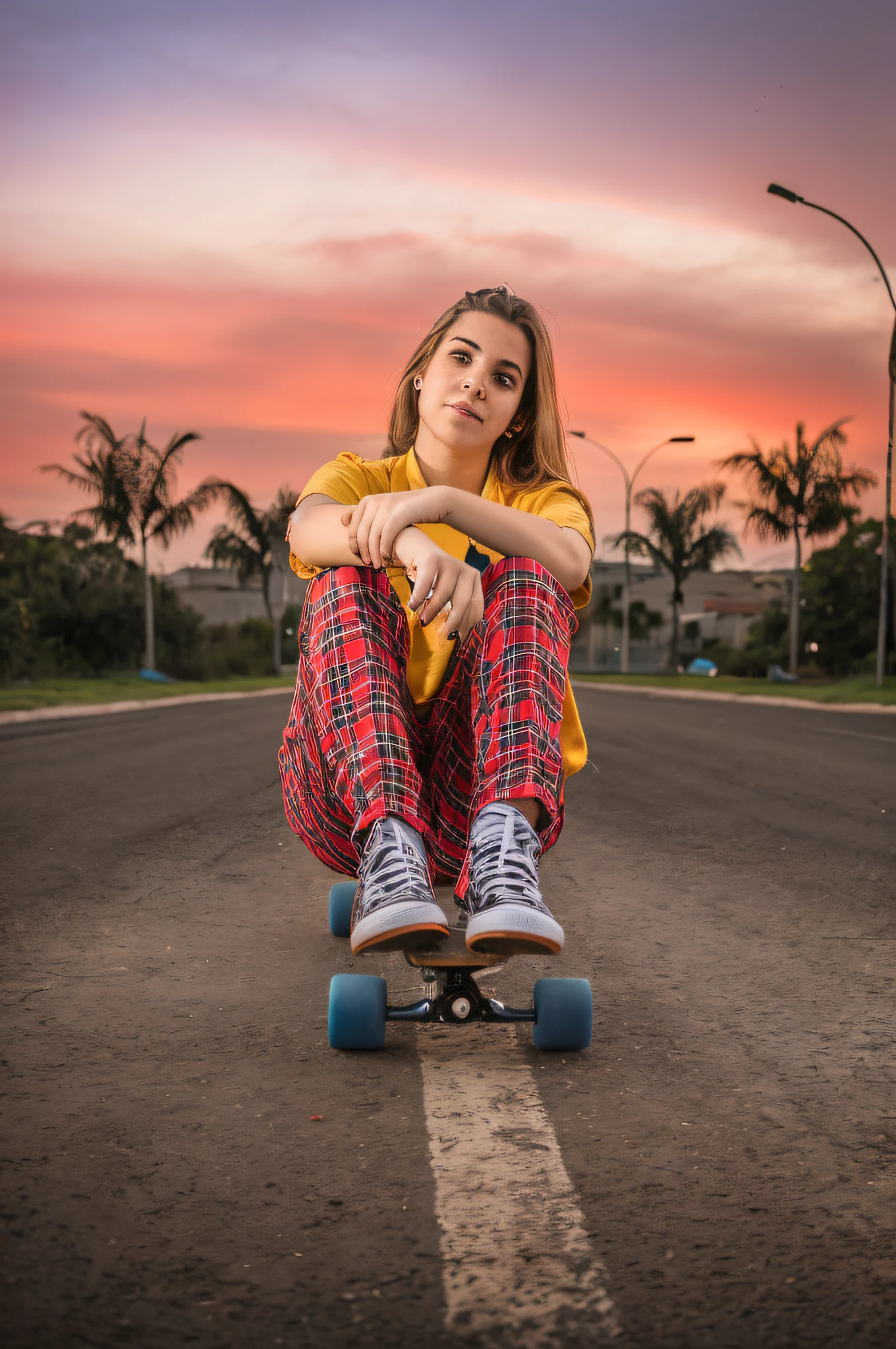 Arafed girl sitting on a skateboard on a street at sunset, skate, estilo skatista, patins, going forward to the sunset, andar de skate, standing on a skateboard, Retrato no meio da foto, in the sunset, low view, female marty mcfly, Baixa perspectiva, Directed by: Joze Ciuha, with sunset, retrato de alta qualidade, Skate