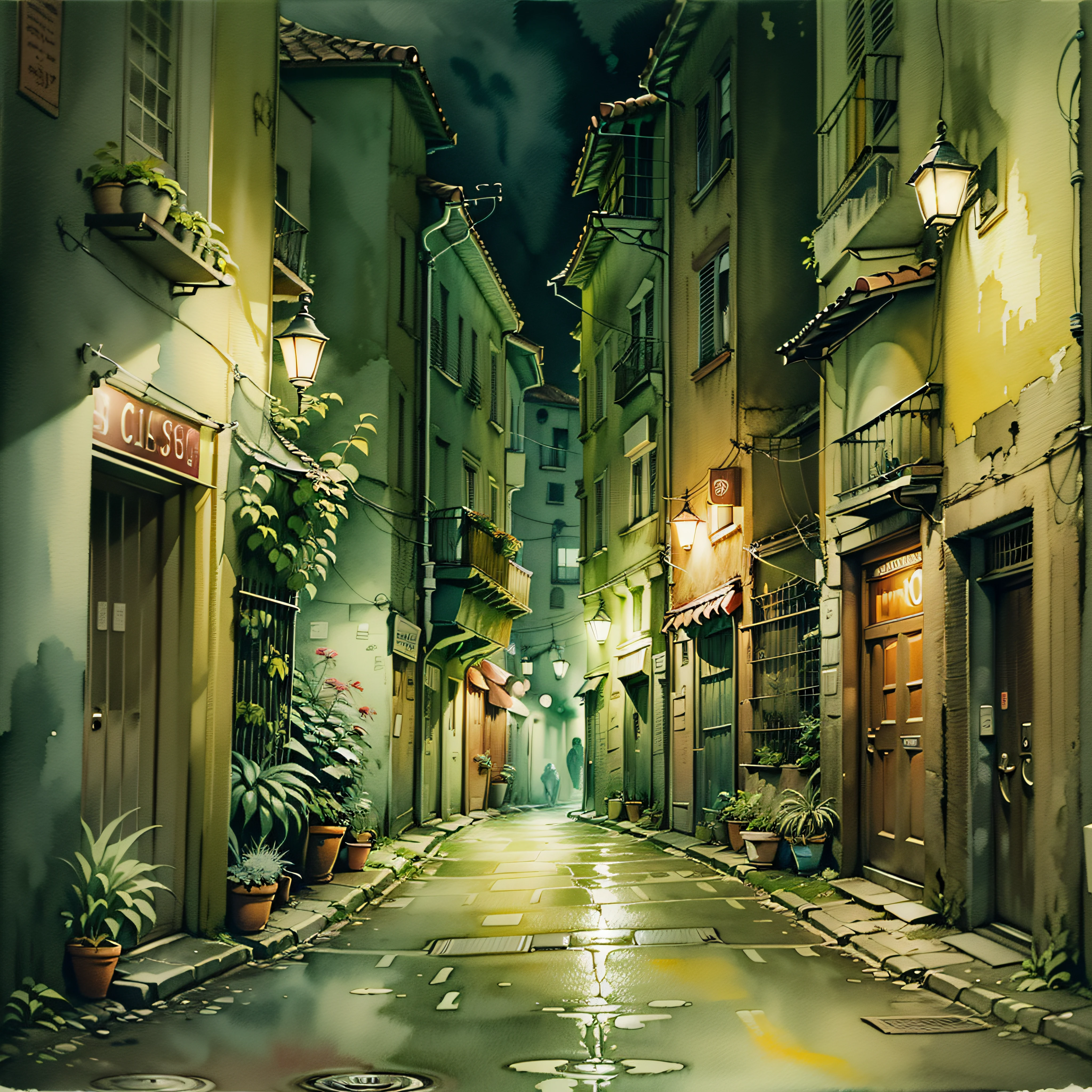 (((Acuarela Ghibli))), in a dark alley of the city, dim lighting, 32 mil.
