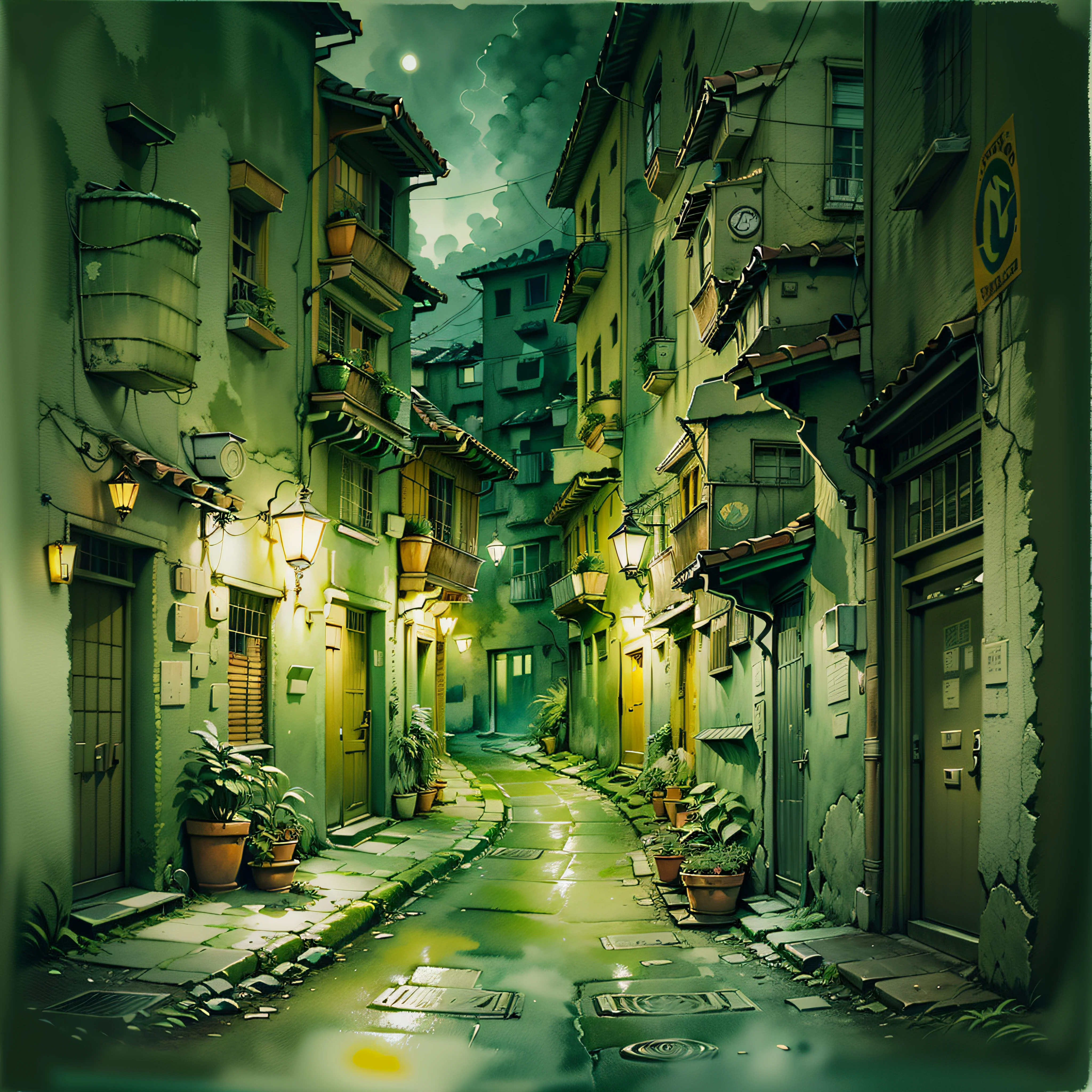 (((Acuarela Ghibli))), in a dark alley of the city, dim lighting, 32 mil.