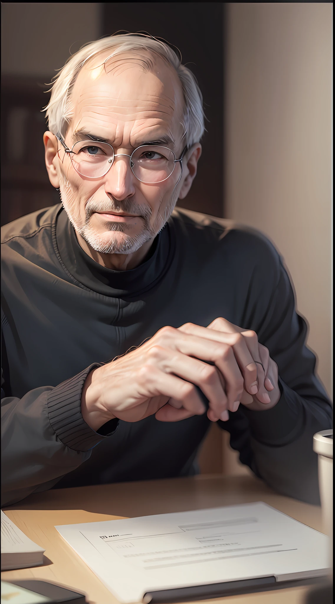 Old male, 1man, very Steve Jobs, thin, drawn, confident, generous, frowning, smile, no hair, black turtleneck shirt, simple framed glasses, front look, portrait, 4k, high-res, masterpiece, best quality, sharp focus, cinematic lighting, lighting behind, --auto --s2